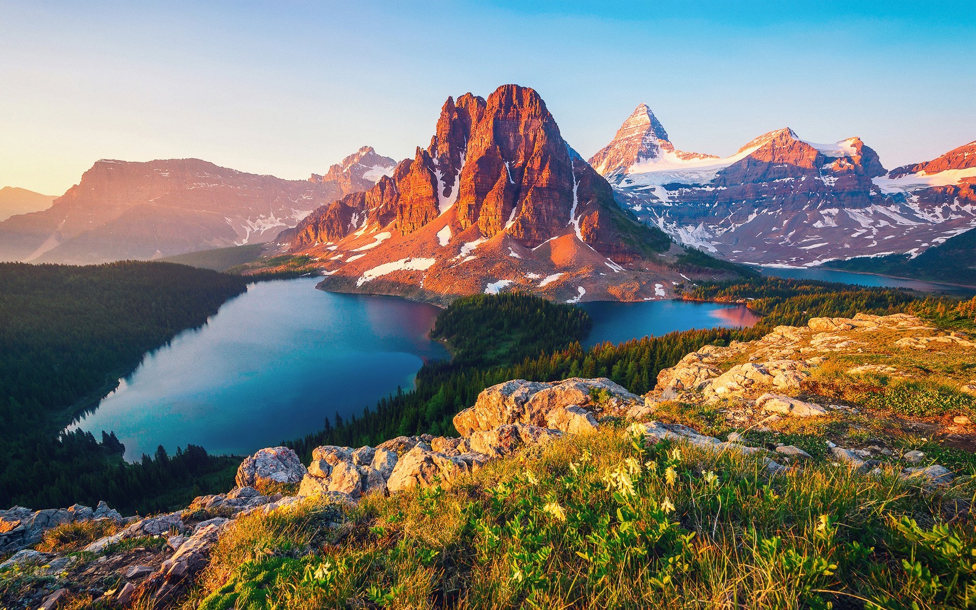 Mountain range with lake and alpine meadow HD Wallpaper