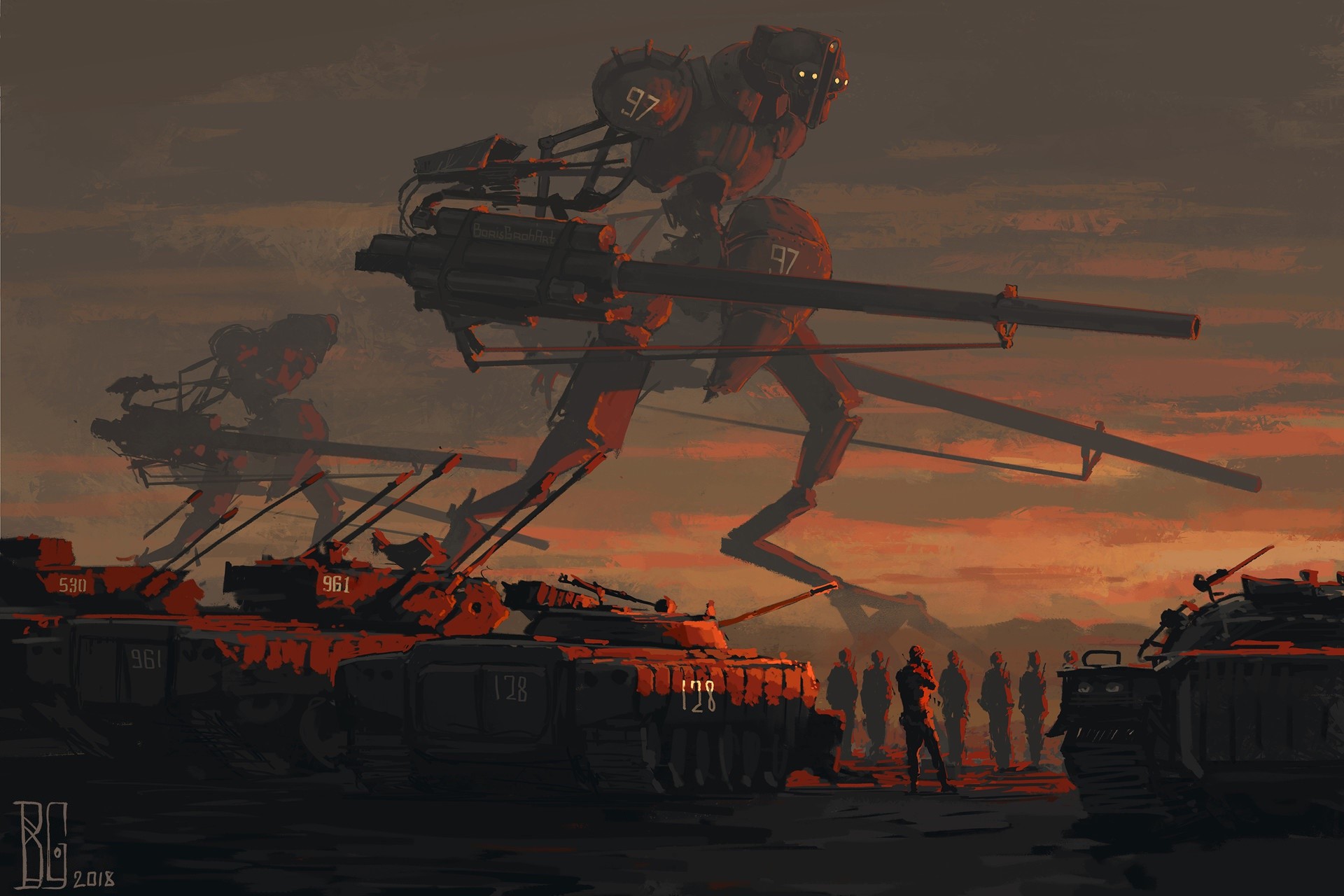 Boris Groh's futuristic military artwork with mechs and tanks HD Wallpaper