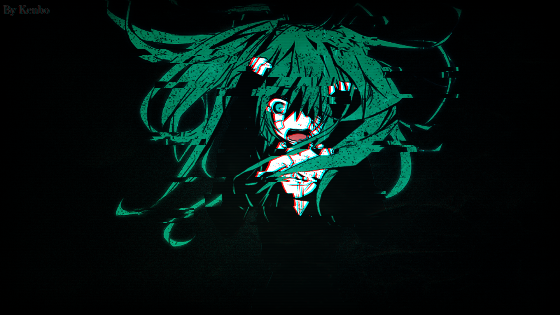 Glitching anime girl with green hair HD Wallpaper