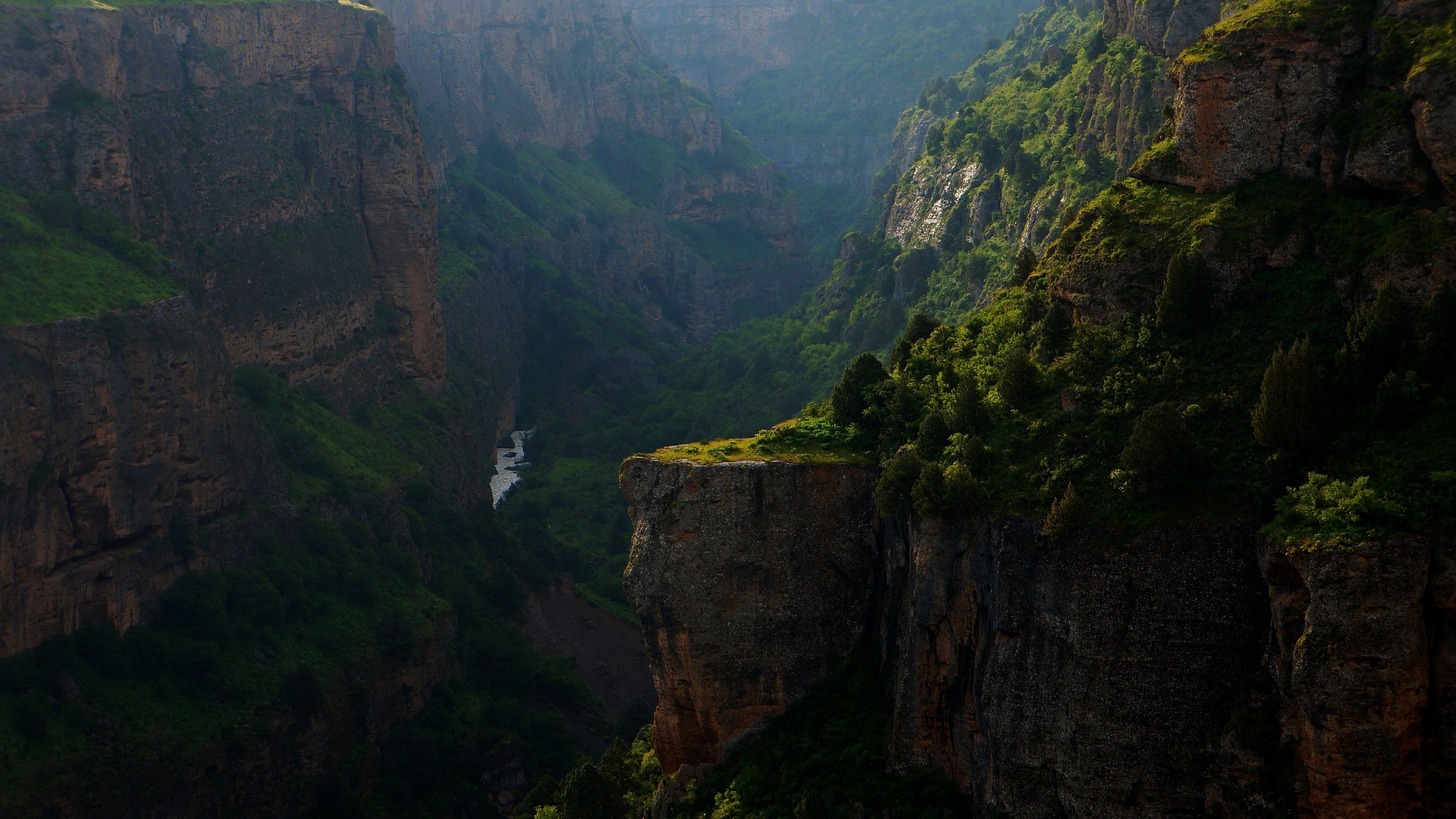 A deep canyon with a river and green vegetation HD Wallpaper