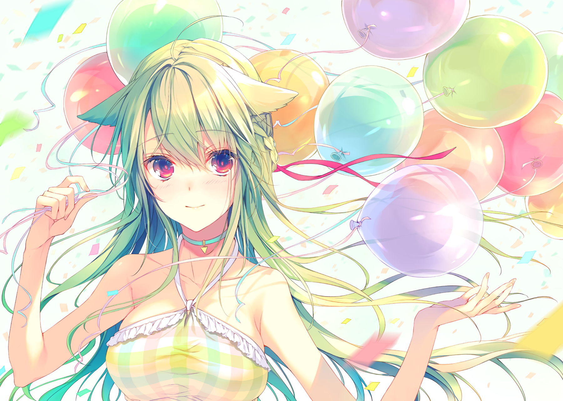Anime girl with green hair and cat ears holding balloons HD Wallpaper
