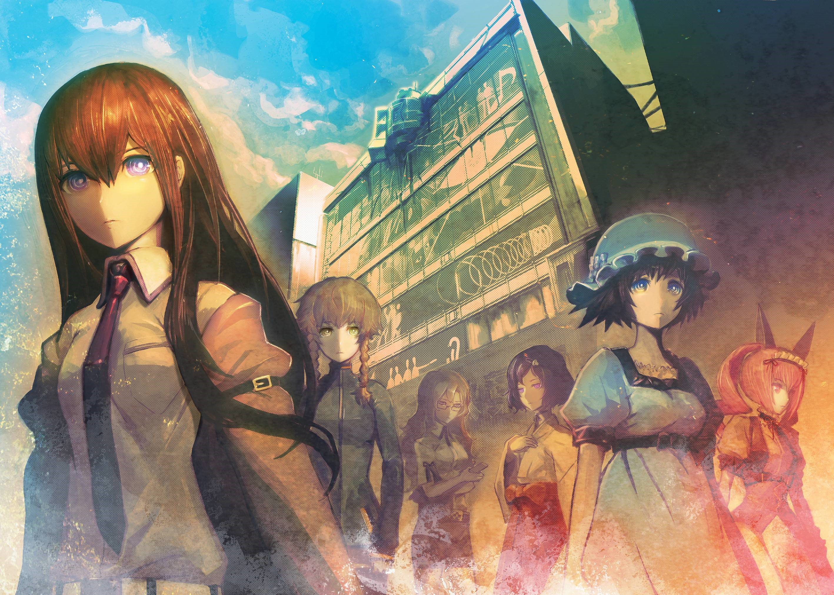 Steins;Gate characters in front of a building HD Wallpaper