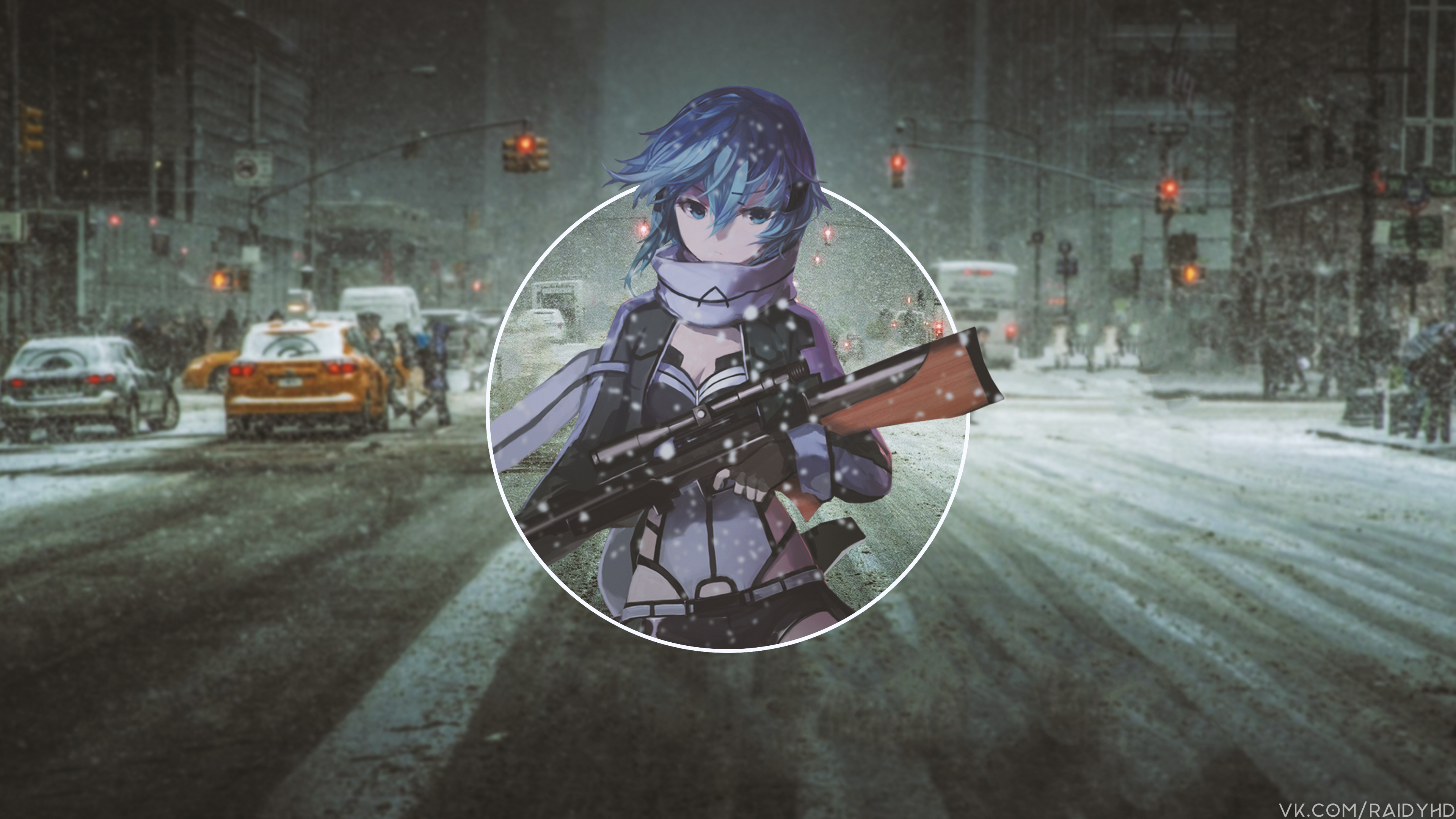Anime girl with sniper rifle in snowy city HD Wallpaper