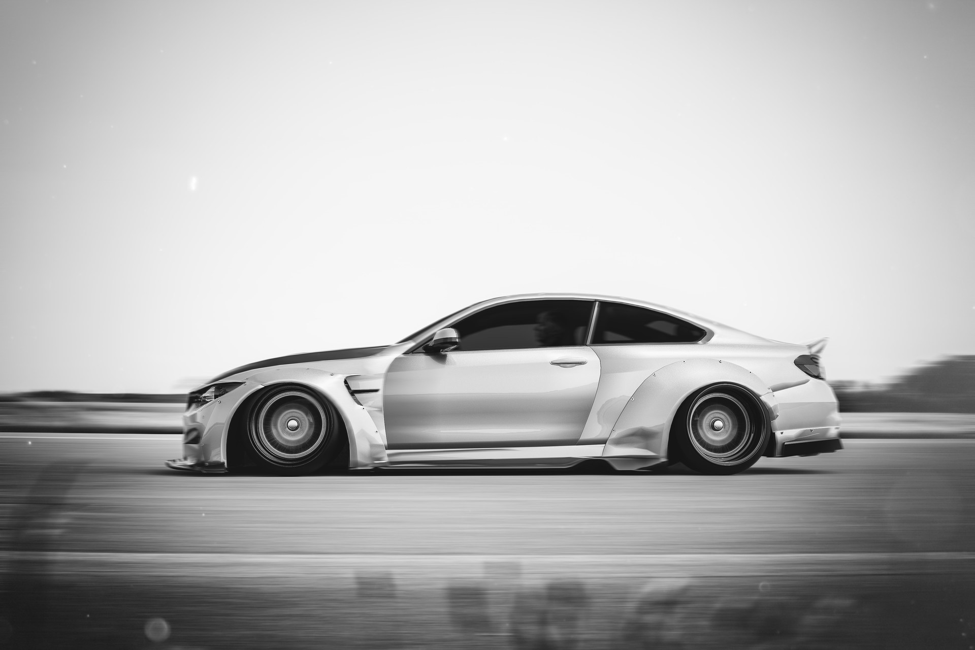 Monochrome BMW M4 Widebody Coupe in Motion HD Wallpaper