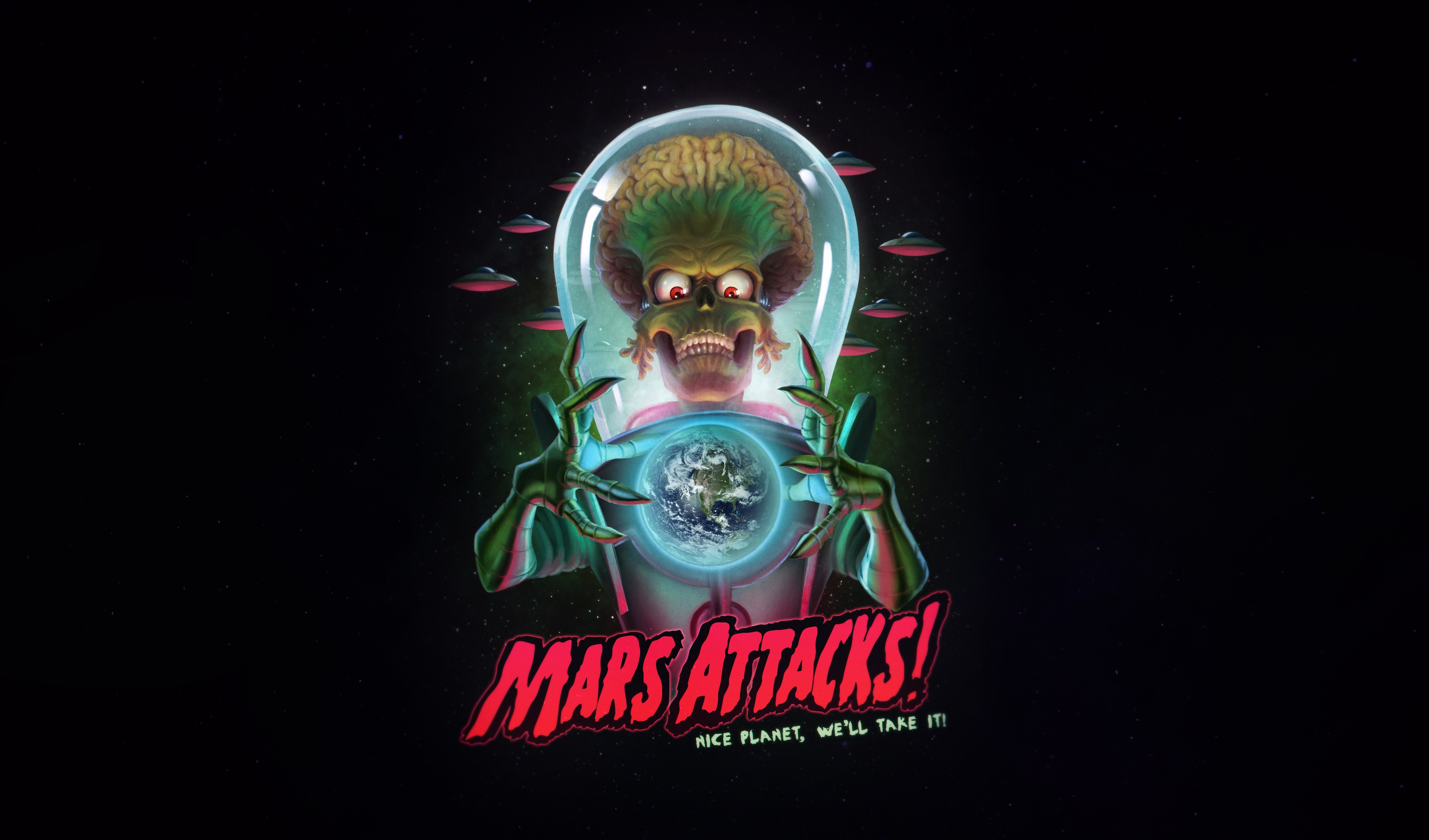 Mars Attacks! Alien holding Earth with UFOs HD Wallpaper