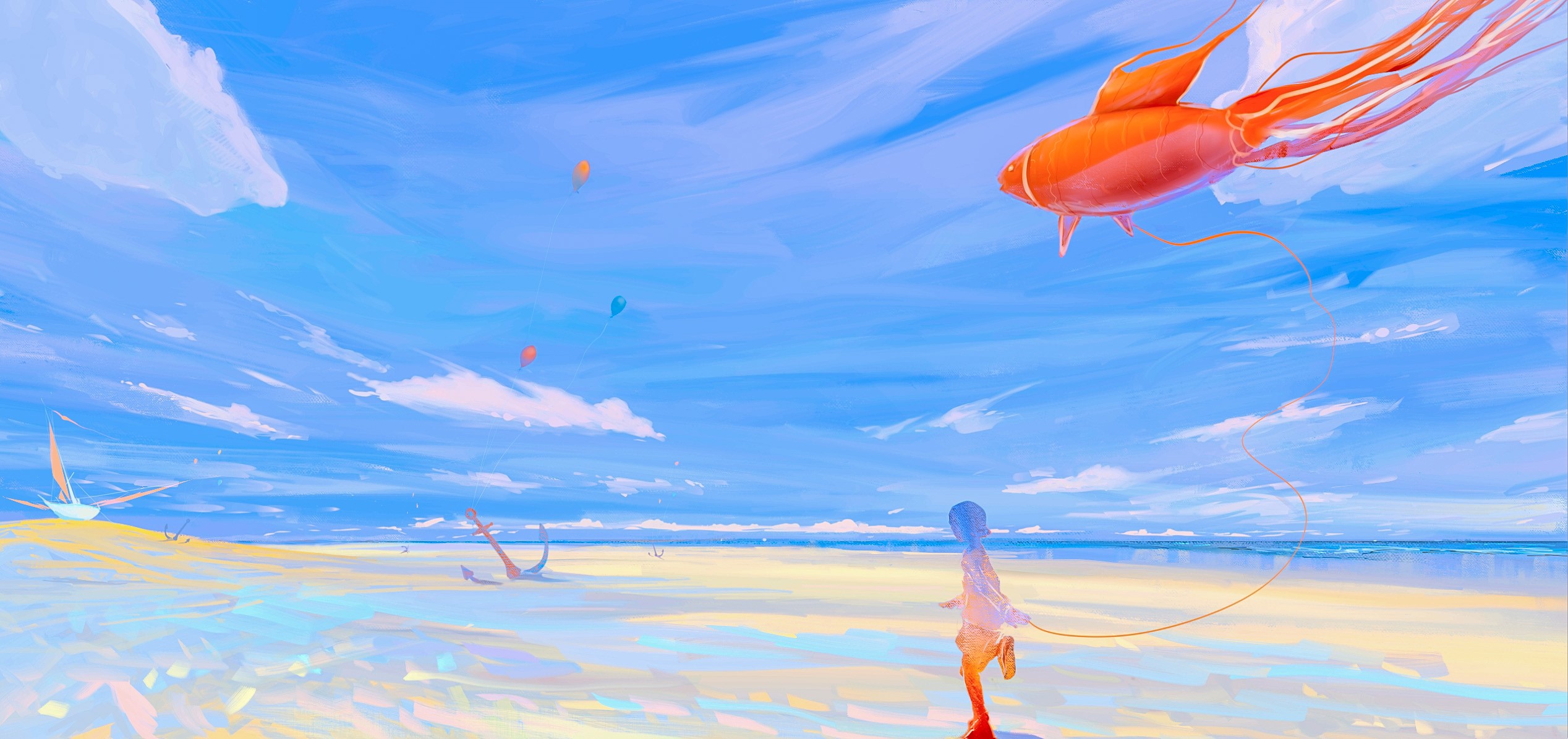 Fantasy beach with fish kite and anchors HD Wallpaper