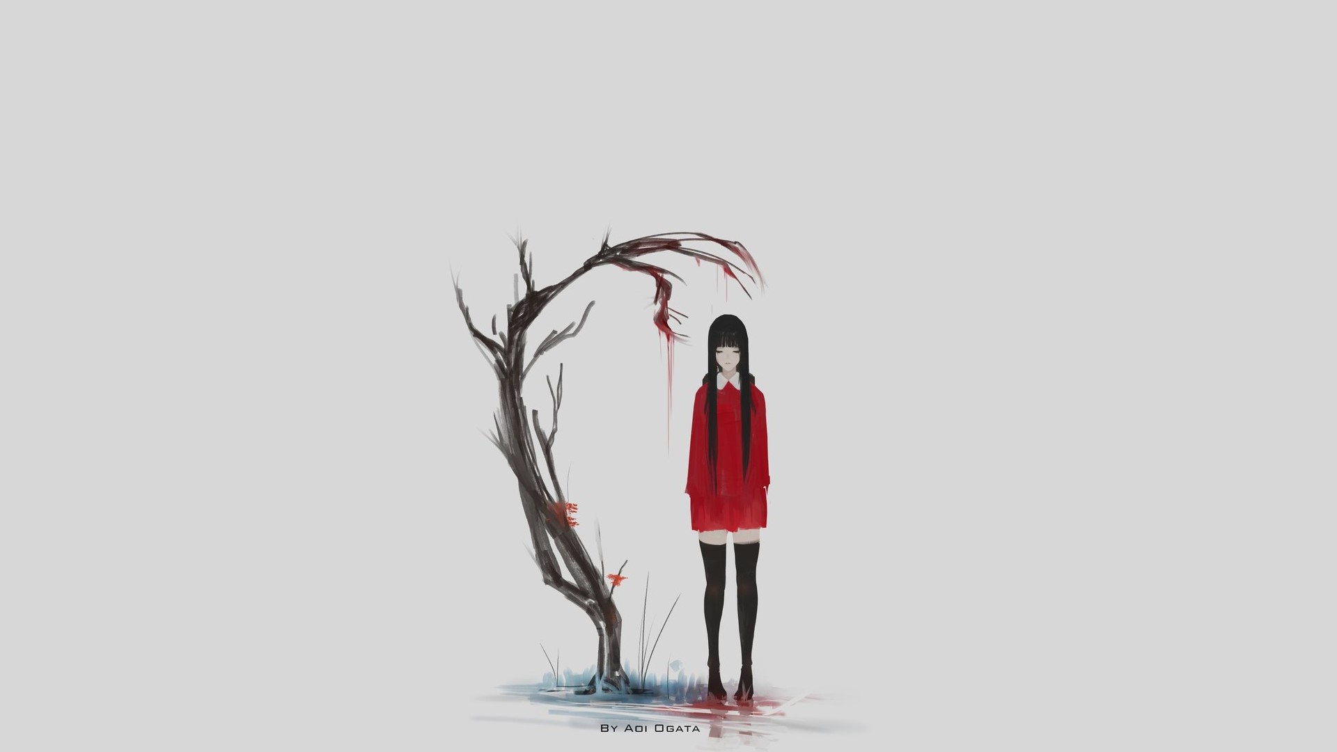 Girl in red dress by a bloody tree HD Wallpaper