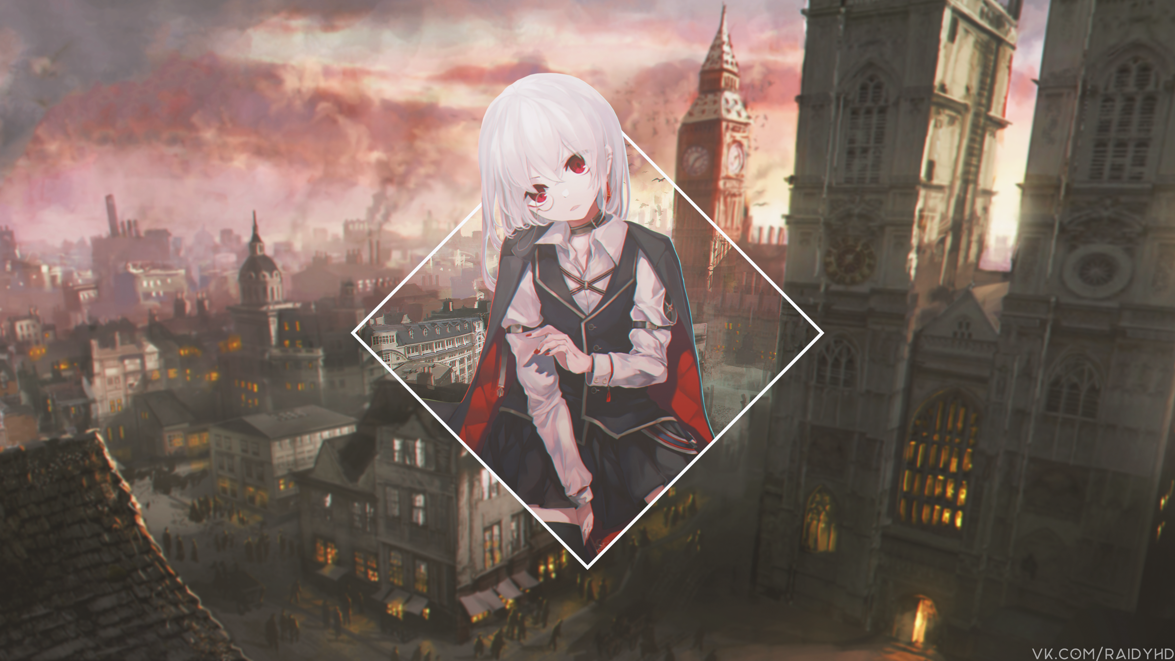 Anime girl with red eyes in Victorian London HD Wallpaper