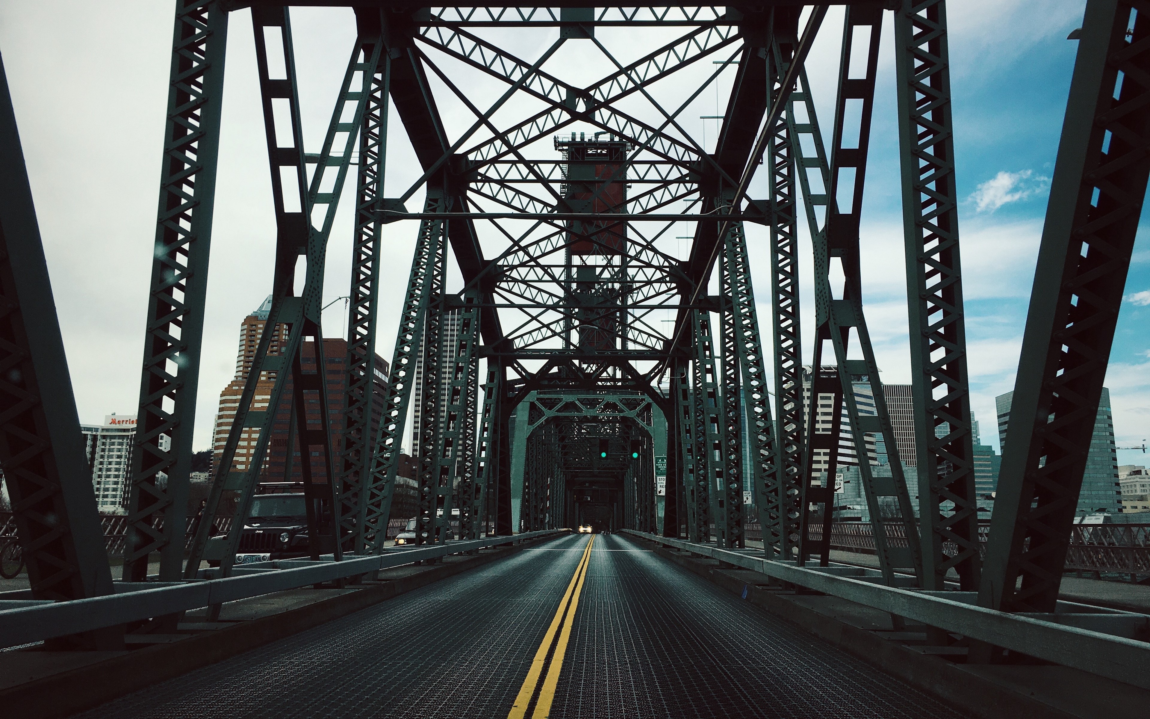 Bridge with Buildings and Cars HD Wallpaper