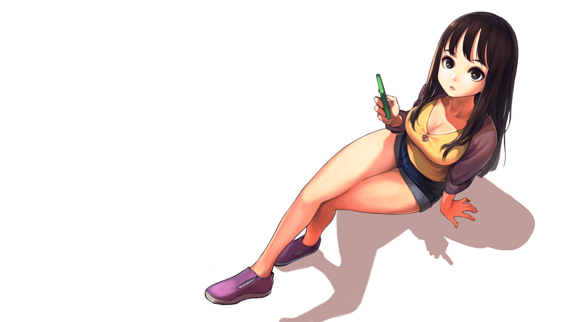 Anime girl with long brown hair holding a pen HD Wallpaper