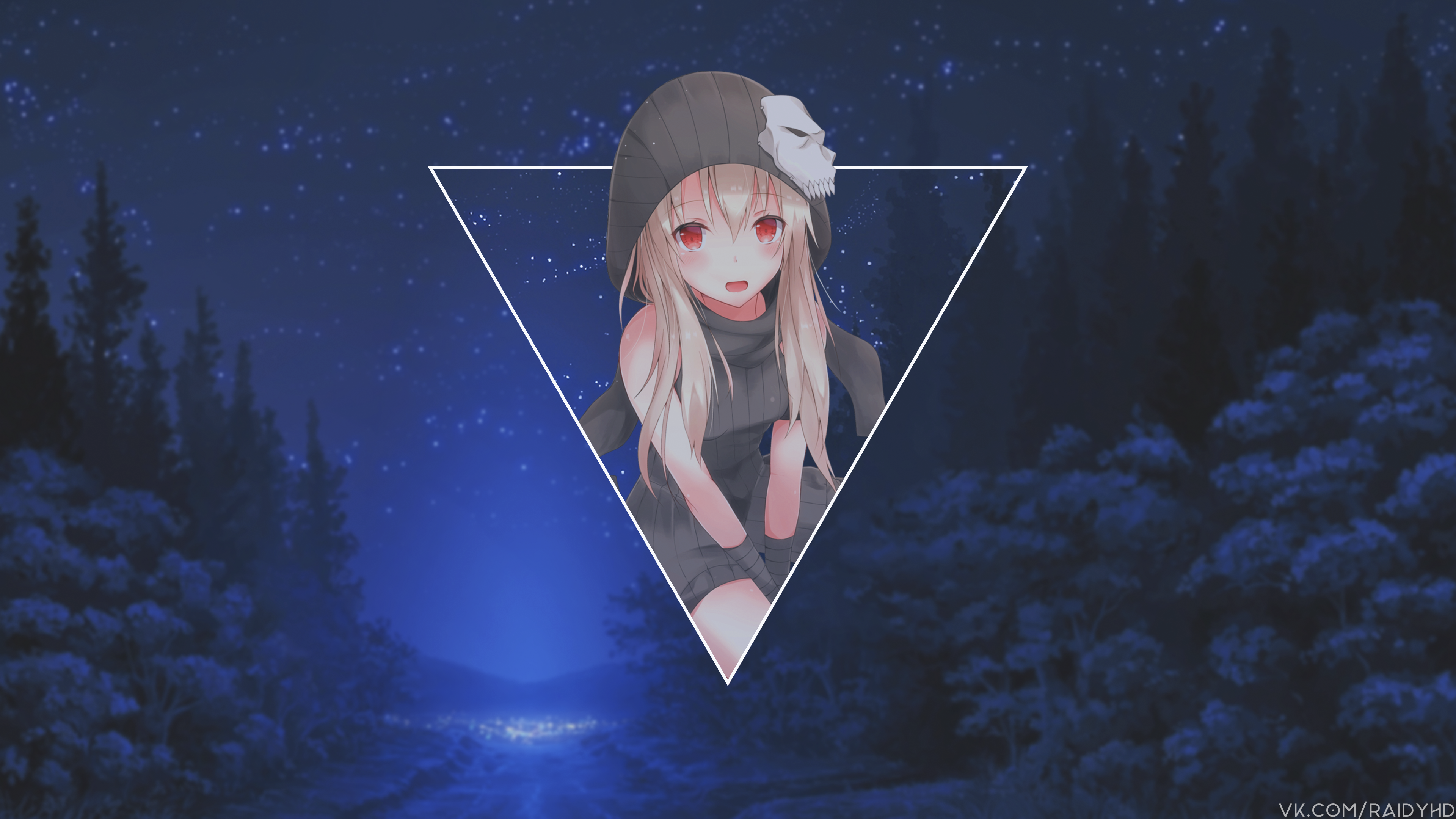 Anime girl with blonde hair and red eyes in a forest at night HD Wallpaper
