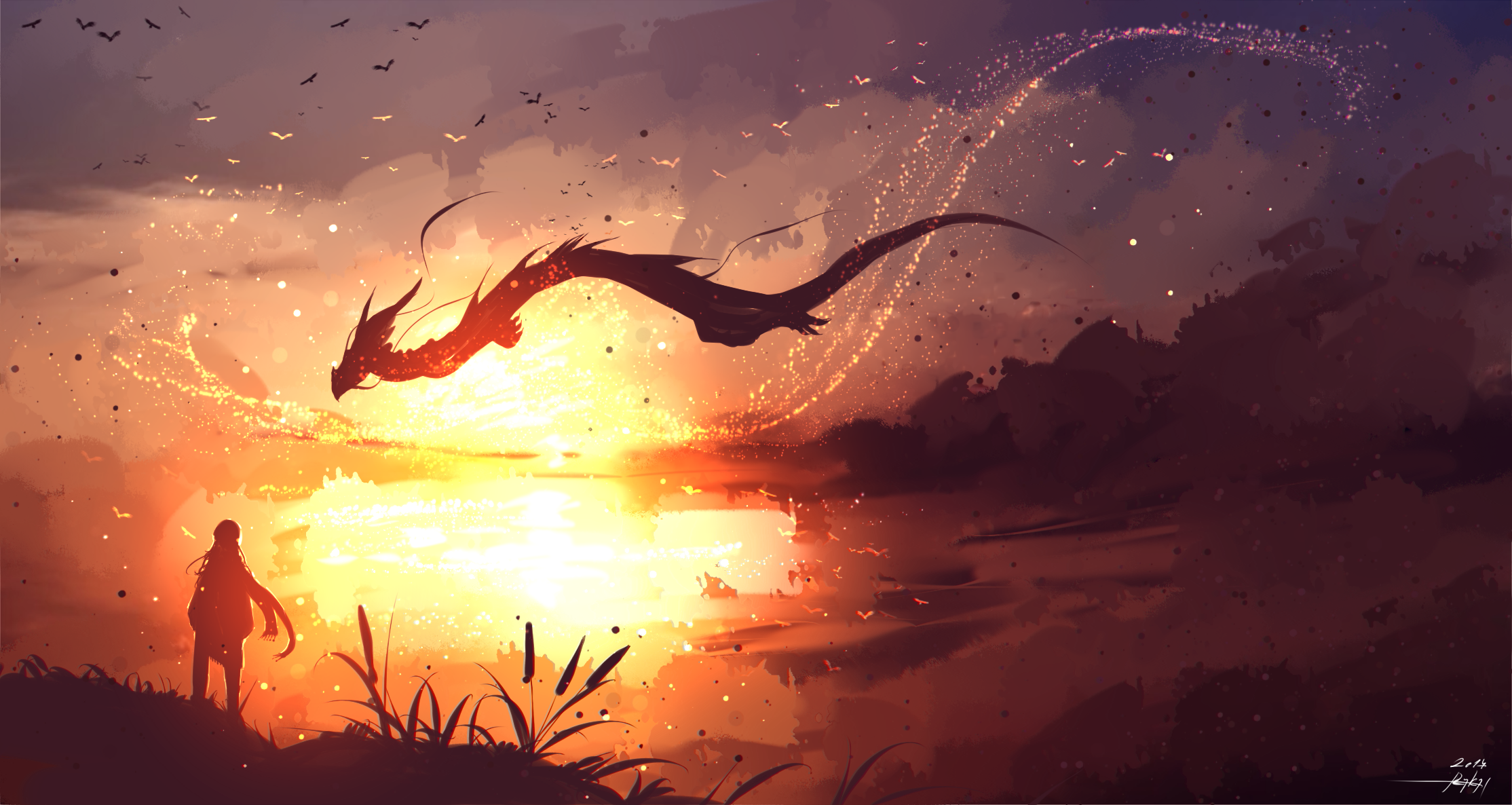 Dragon flying over a girl at sunset HD Wallpaper