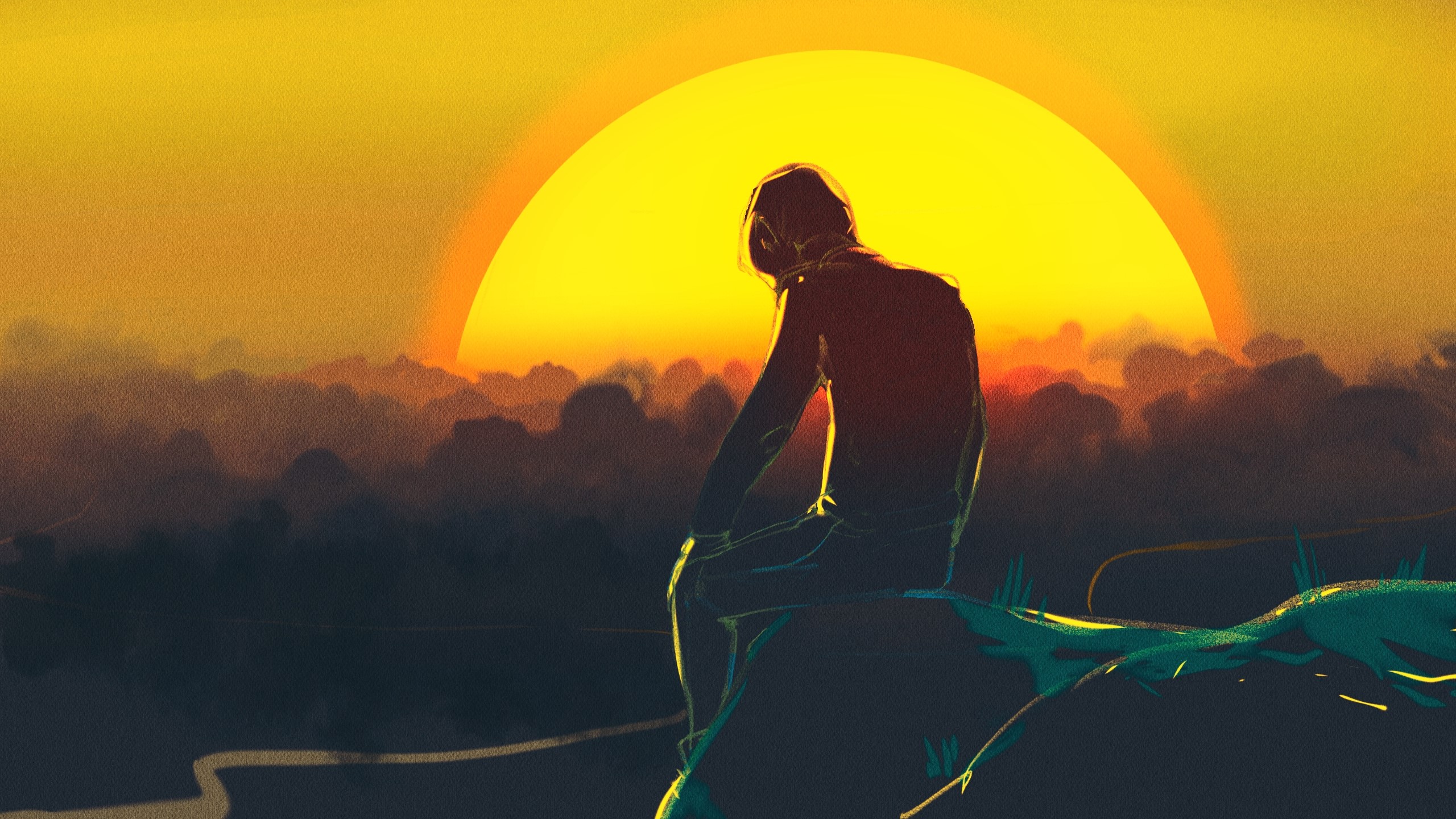 Person sitting on a rock watching the sunset HD Wallpaper