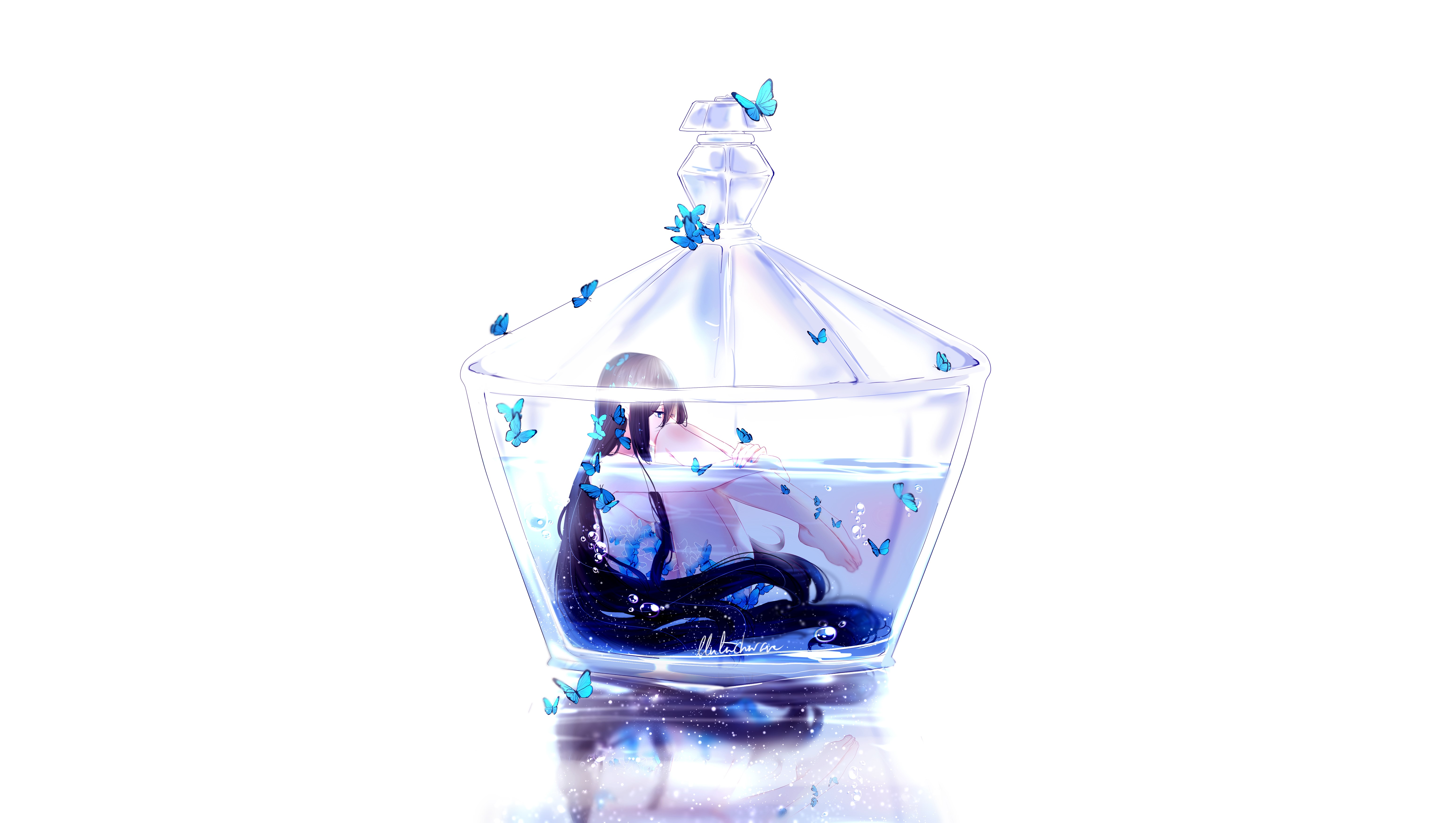 Anime girl in a bottle with butterflies HD Wallpaper