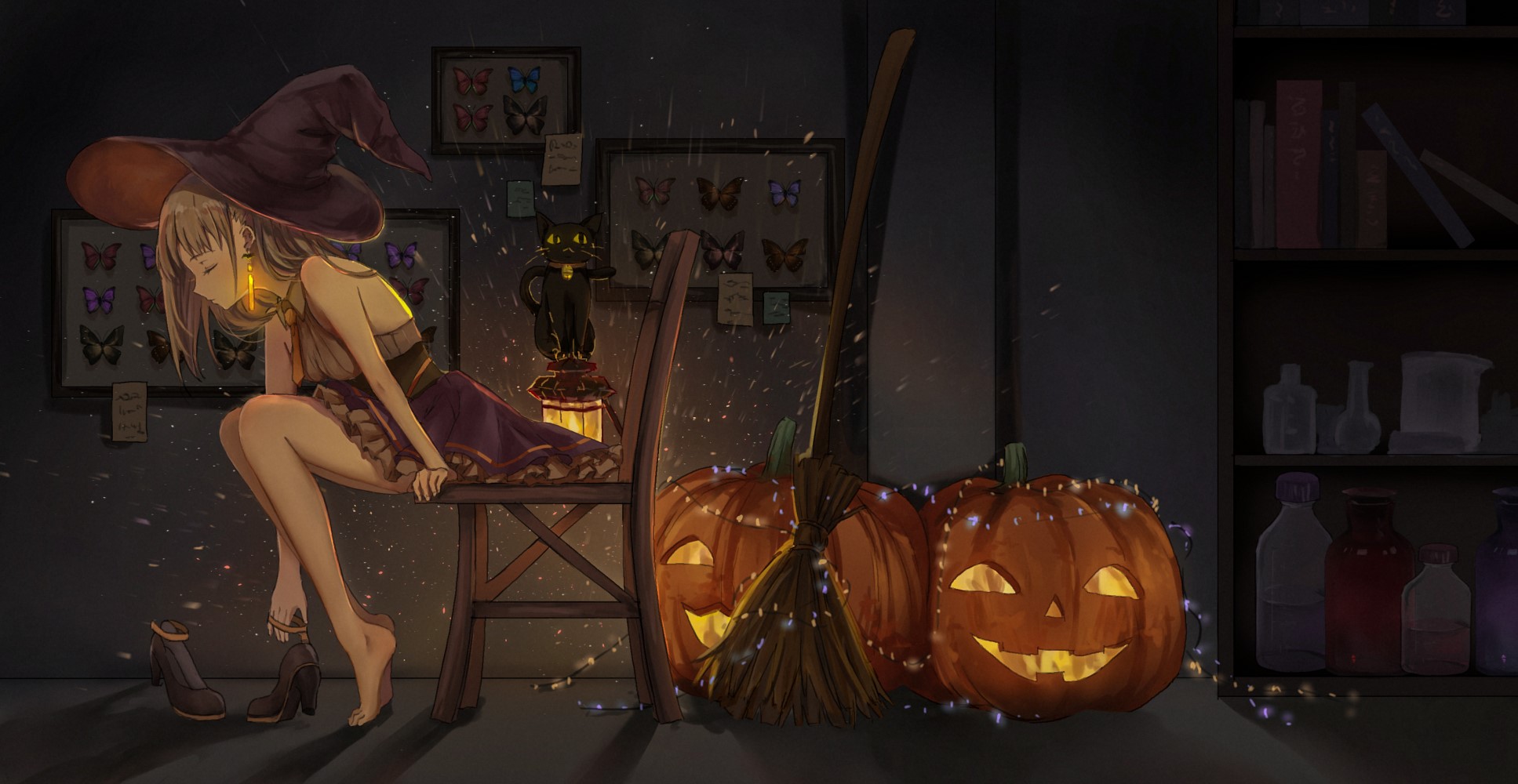 Witch with pumpkins and butterflies HD Wallpaper