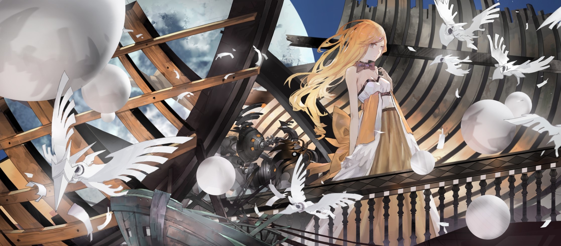 Anime girl with blonde hair and white birds HD Wallpaper