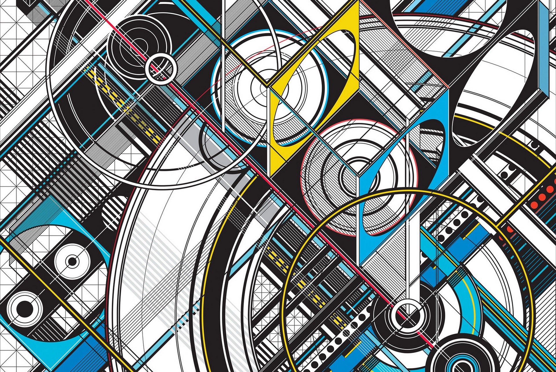 Abstract geometric digital art with blue, yellow, and red accents HD Wallpaper