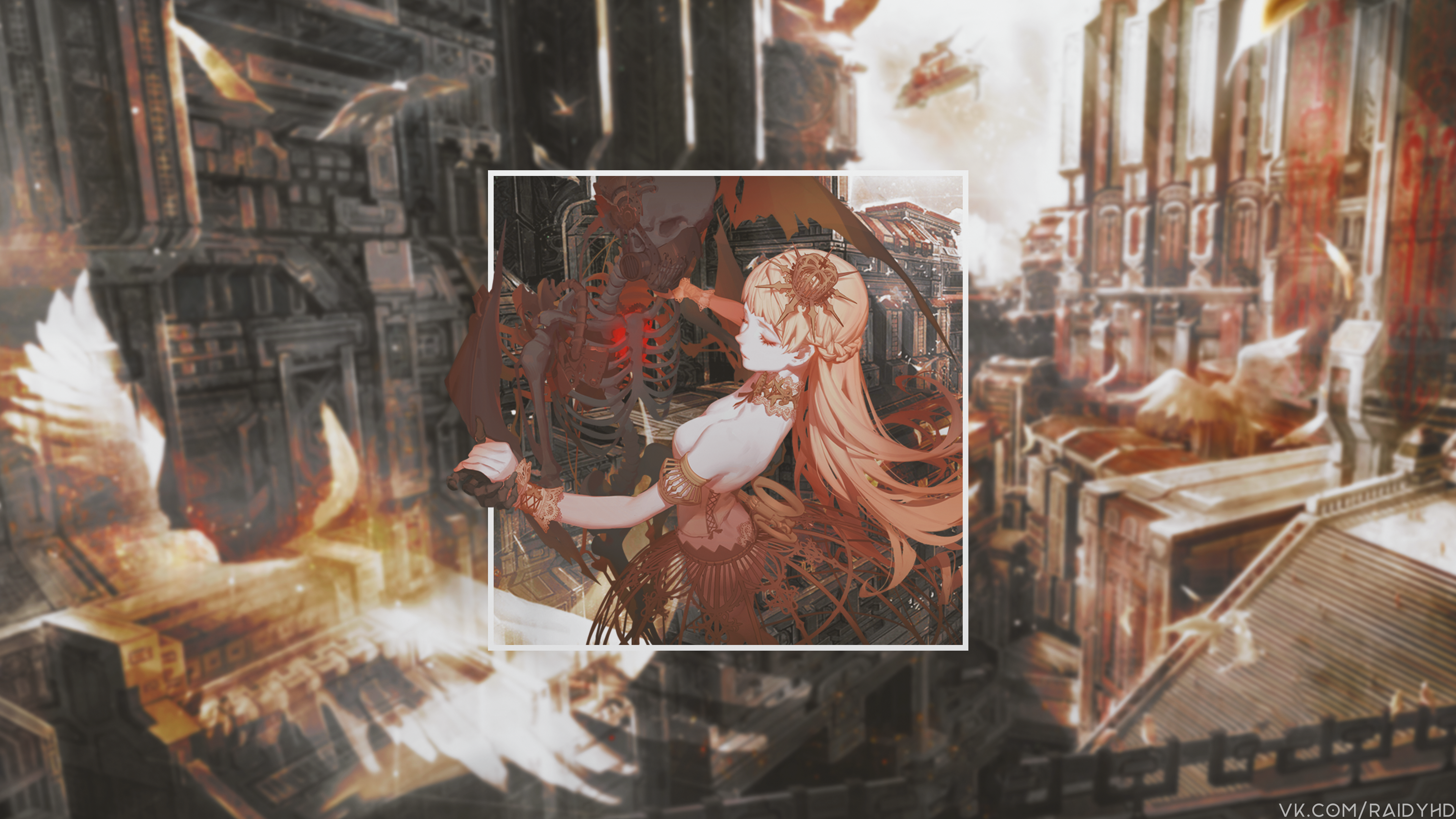 Anime girl with skeleton in industrial city HD Wallpaper