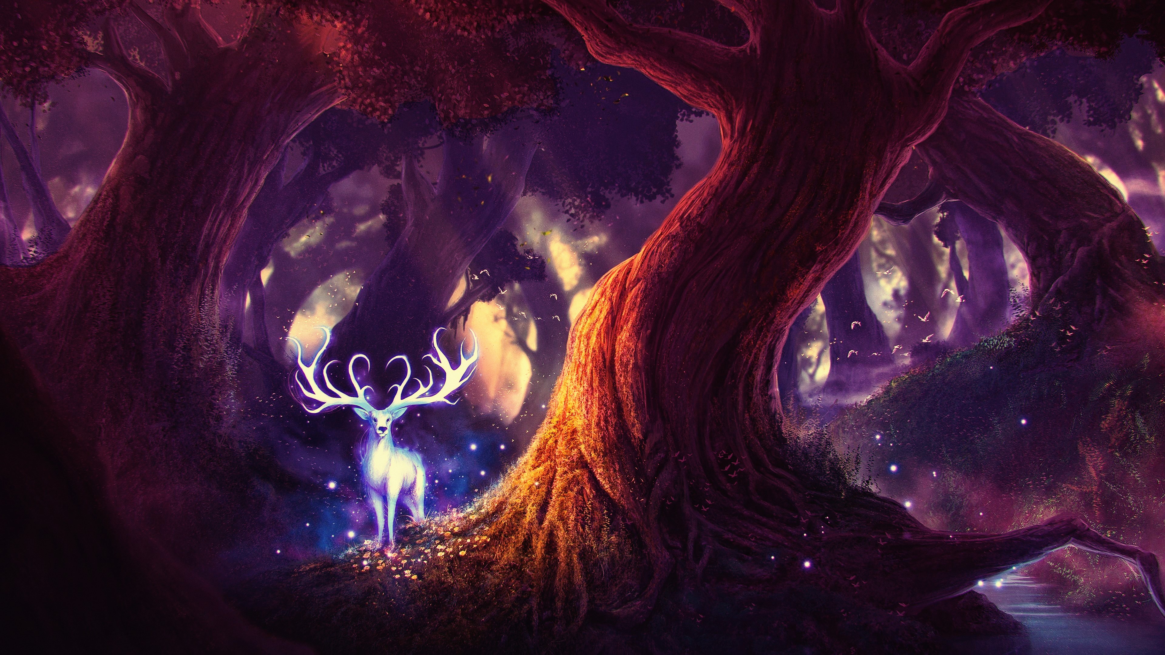 Fantasy forest with glowing deer and large trees HD Wallpaper