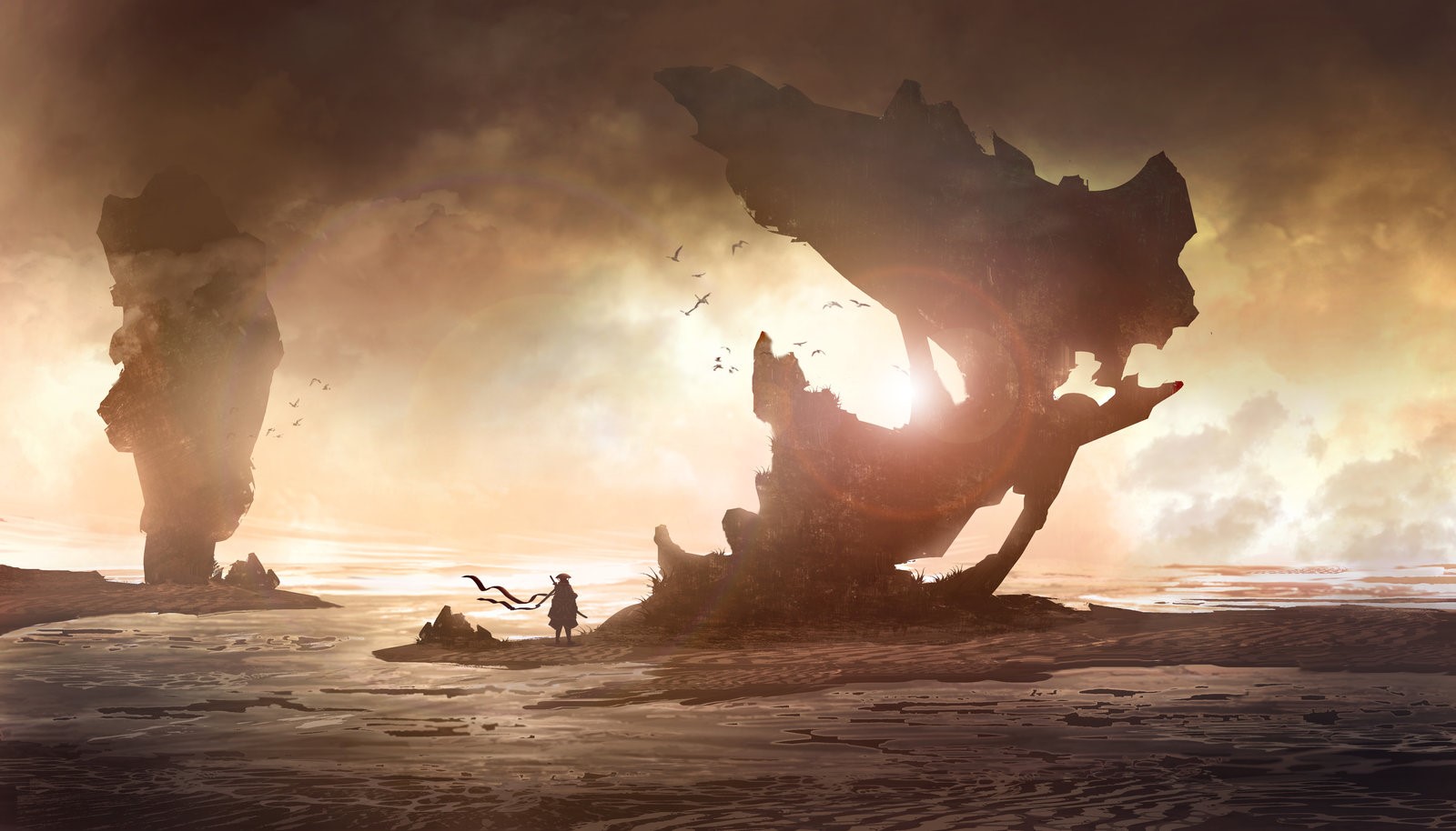 Fantasy landscape with a lone figure at dusk HD Wallpaper