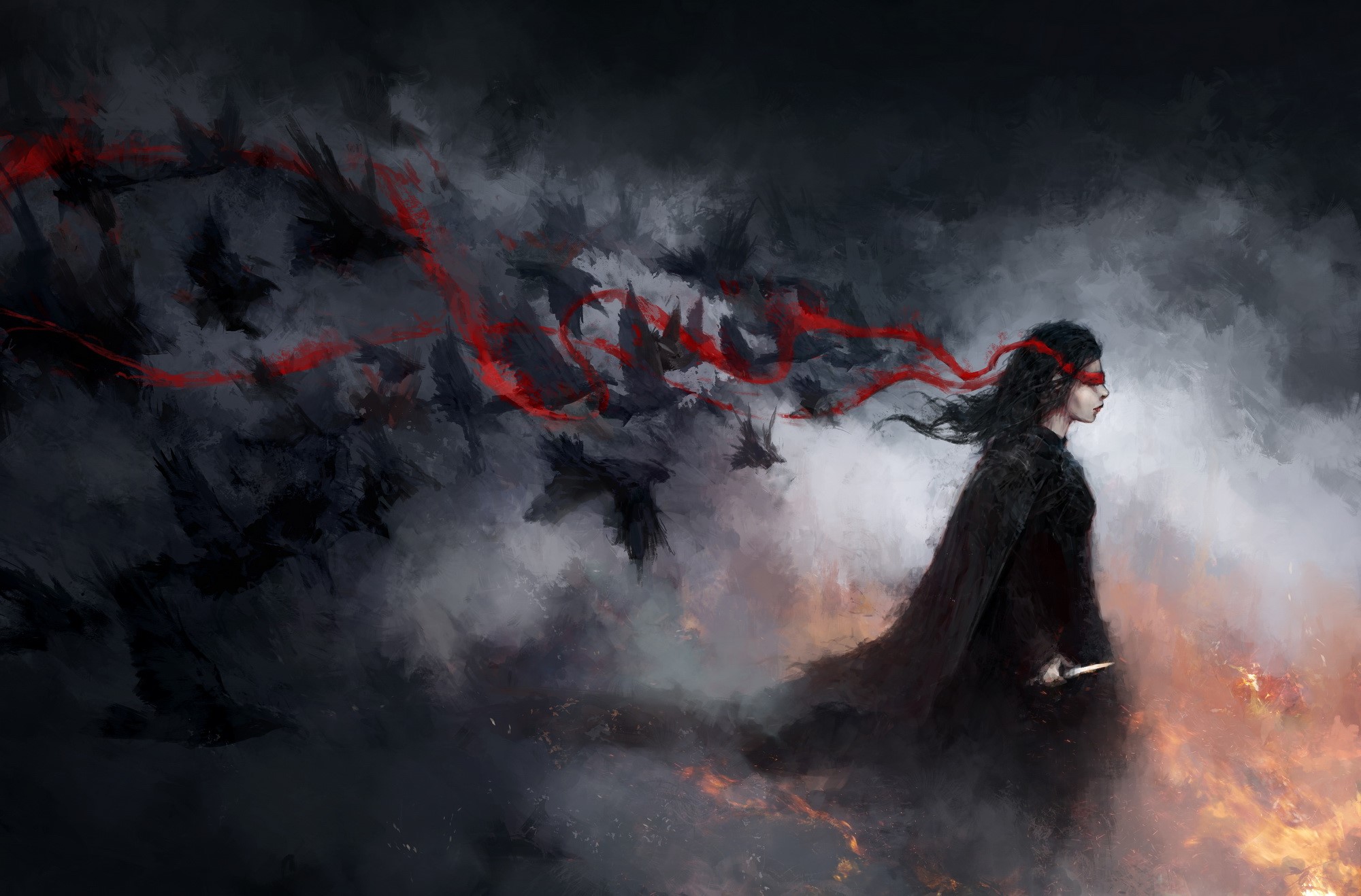 Woman in black with red blindfold and crows HD Wallpaper