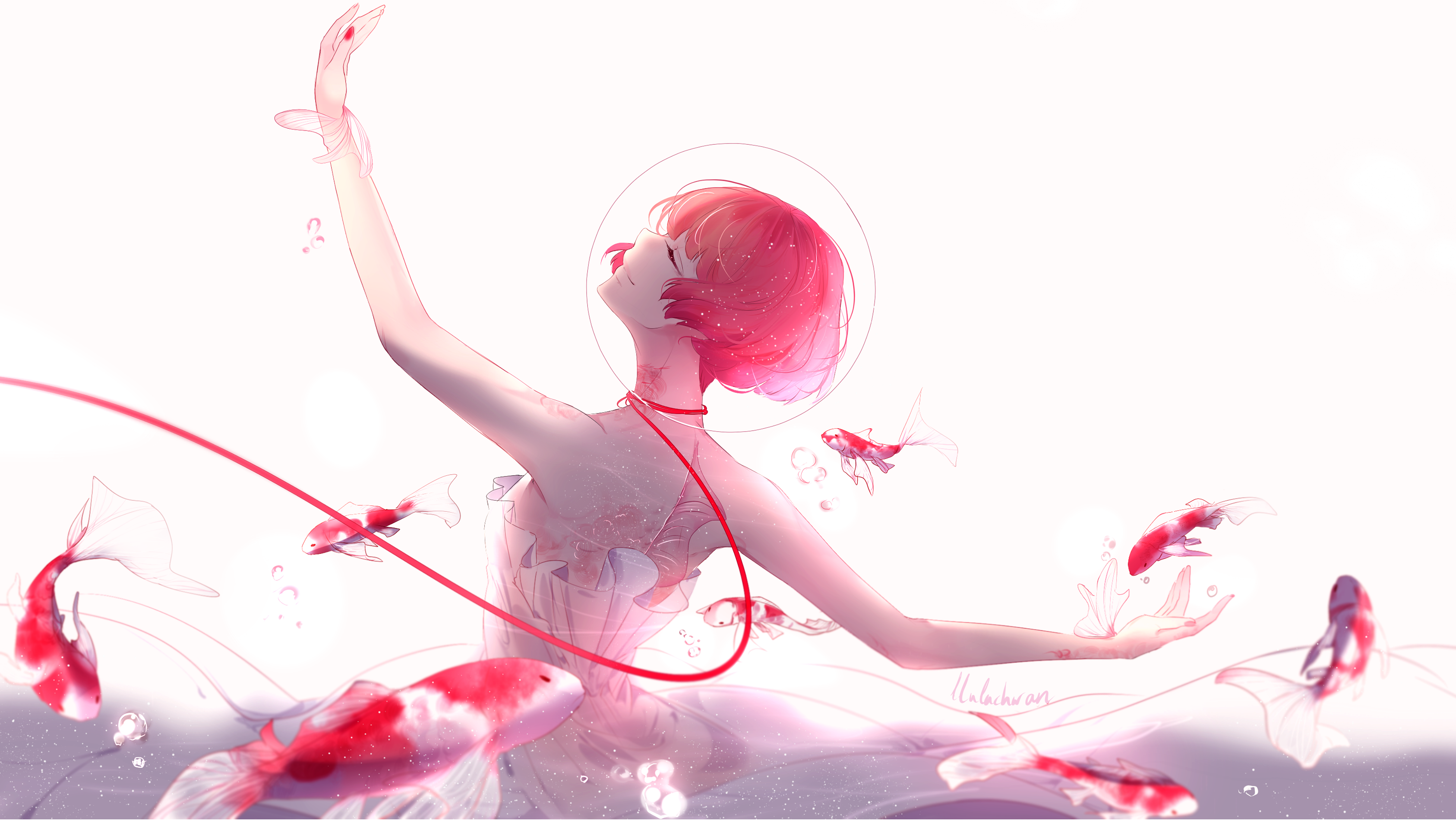 Redhead woman with koi fish HD Wallpaper