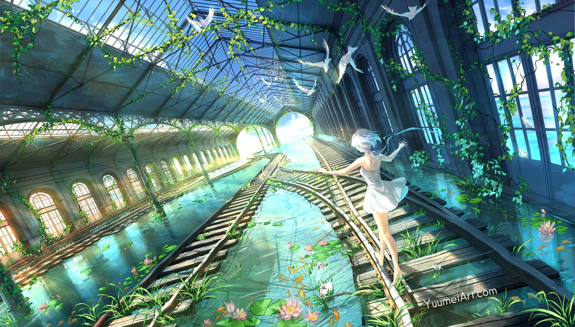 Girl in white dress at flooded train station with birds HD Wallpaper