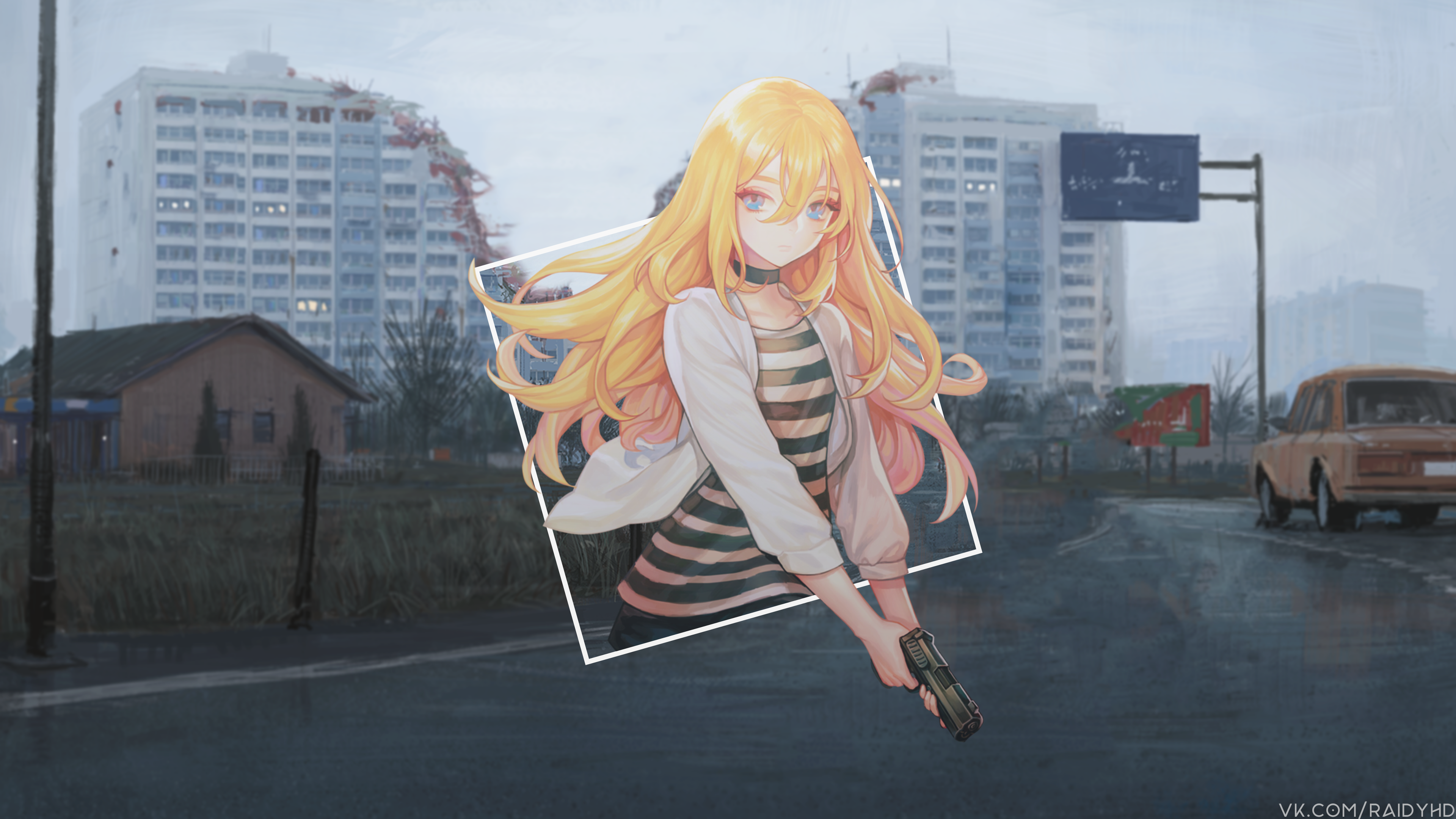 Anime girl with gun in post-apocalyptic city HD Wallpaper