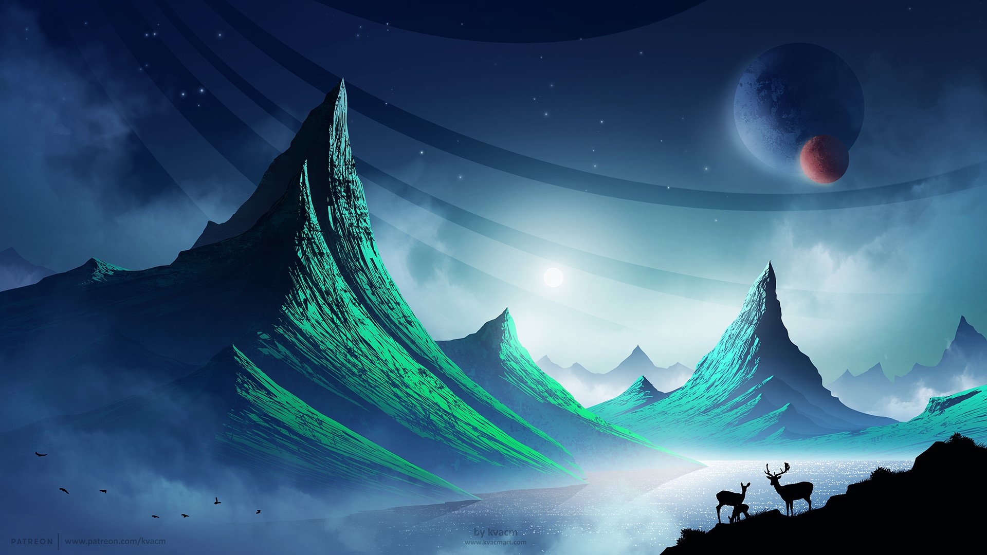 Alien landscape with mountains, planets, and deer HD Wallpaper
