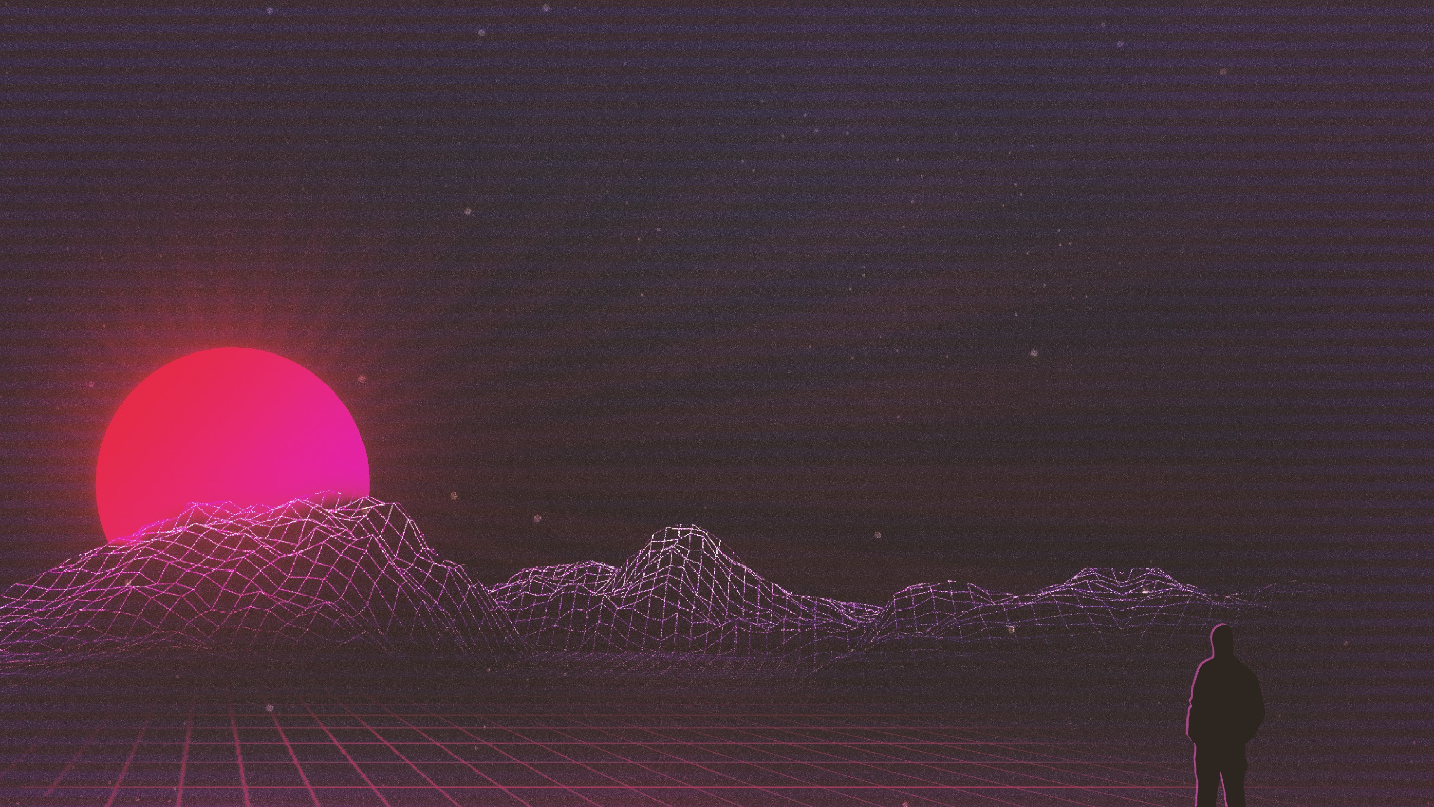 Man standing in a digital landscape with a large sun HD Wallpaper