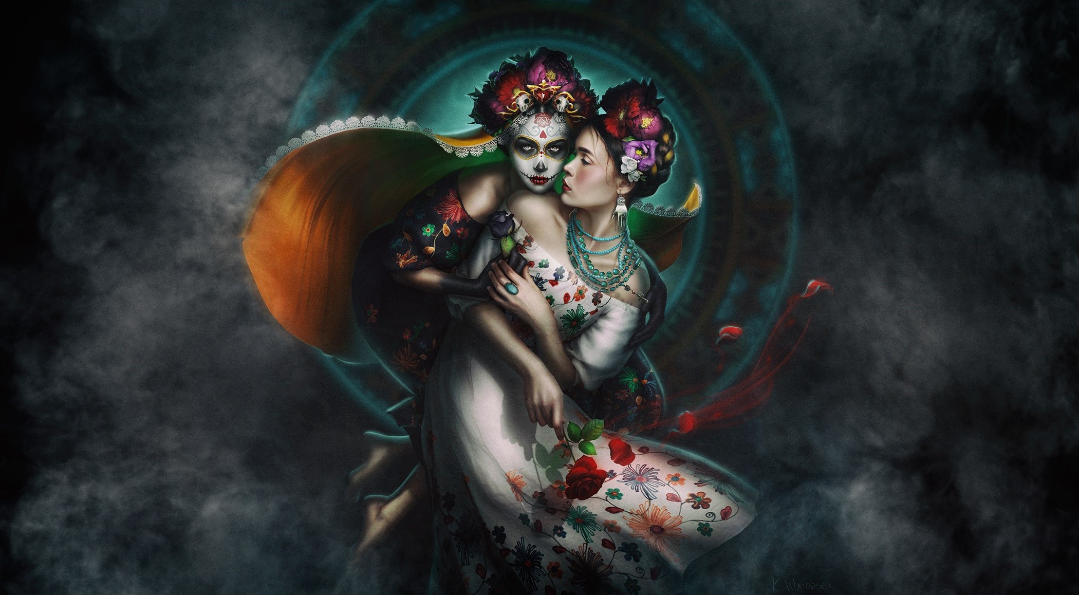 Two women in Dia de los Muertos makeup embracing HD Wallpaper
