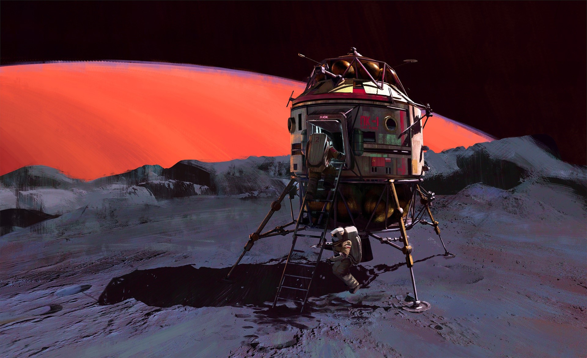 Astronaut exiting a lunar lander on an alien planet HD Wallpaper