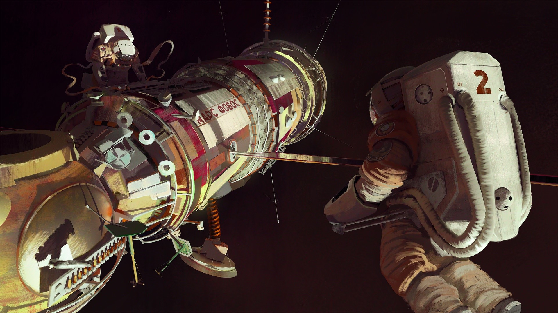 Astronaut near a space station with Russian text HD Wallpaper