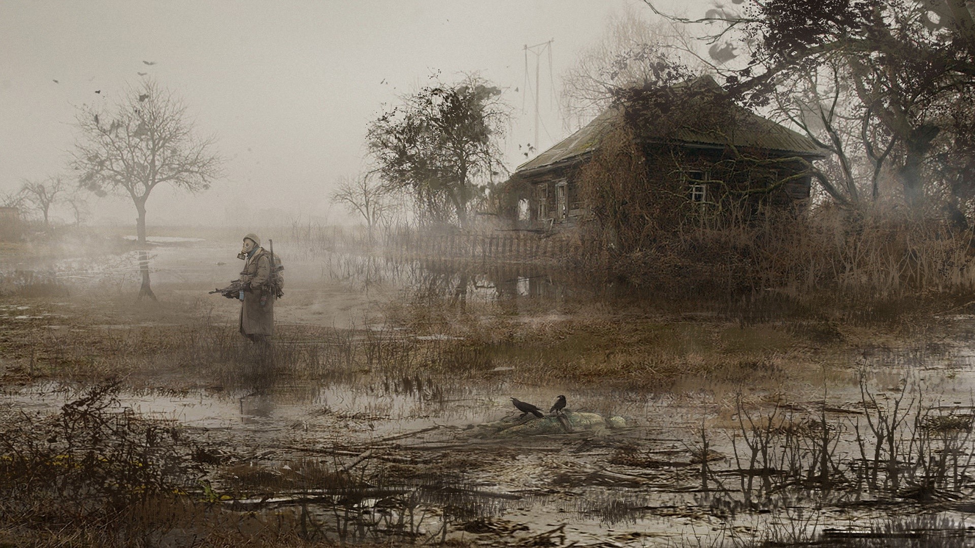 S.T.A.L.K.E.R. soldier in a foggy swamp with abandoned house HD Wallpaper