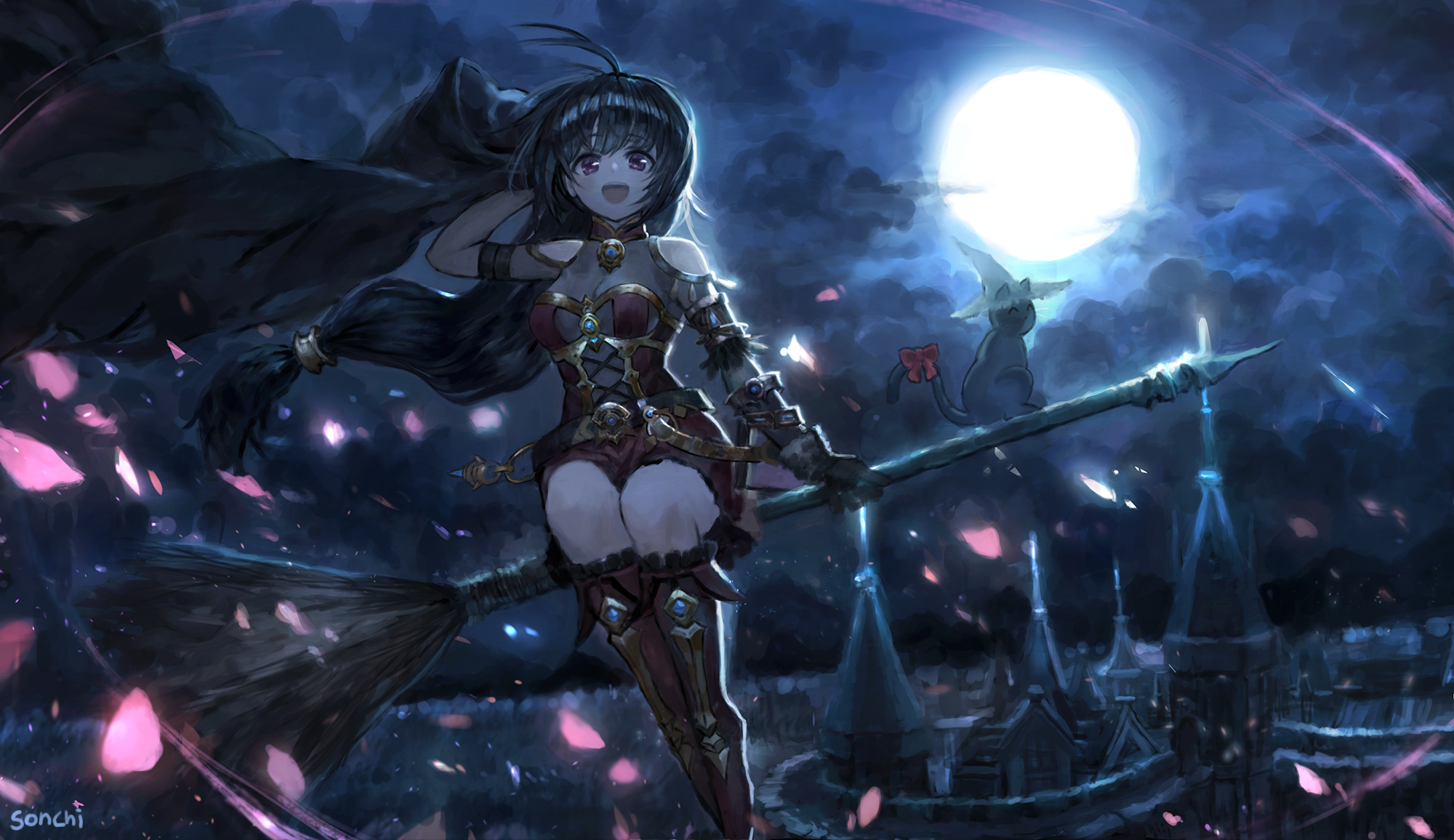 Anime witch girl flying on a broomstick at night HD Wallpaper