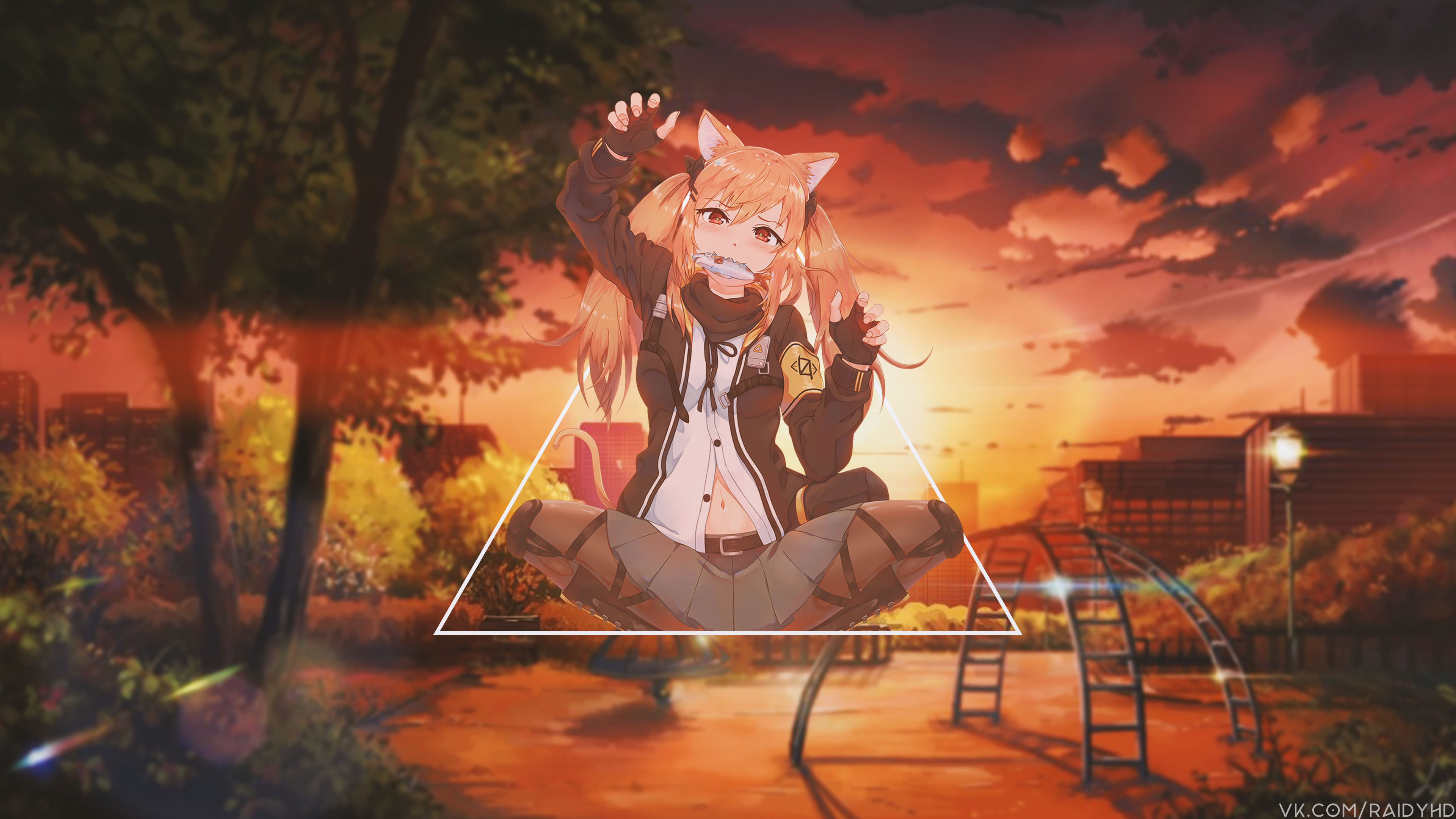 Anime girl with cat ears eating a donut HD Wallpaper