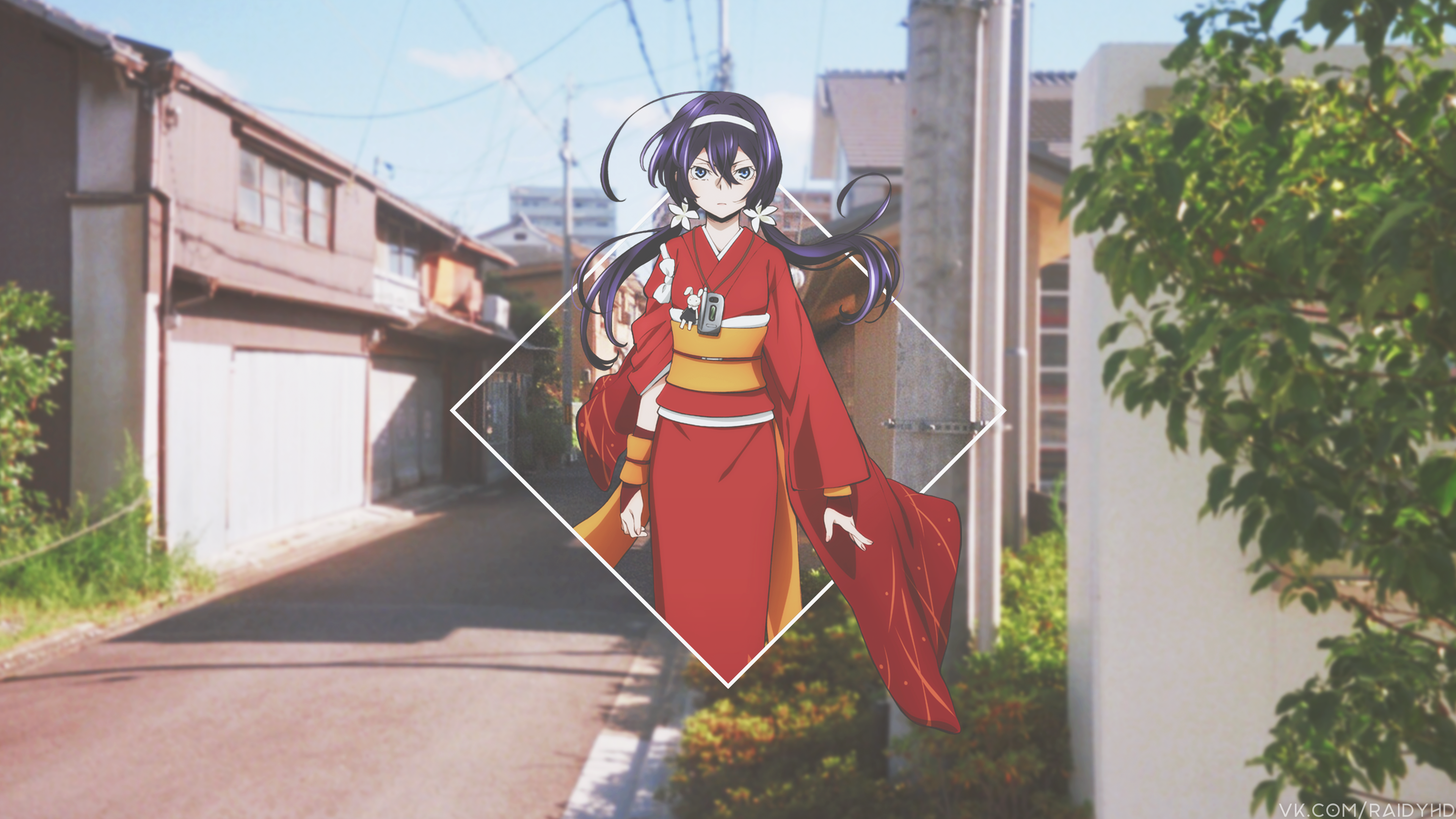 Anime girl in red kimono HD Wallpaper
