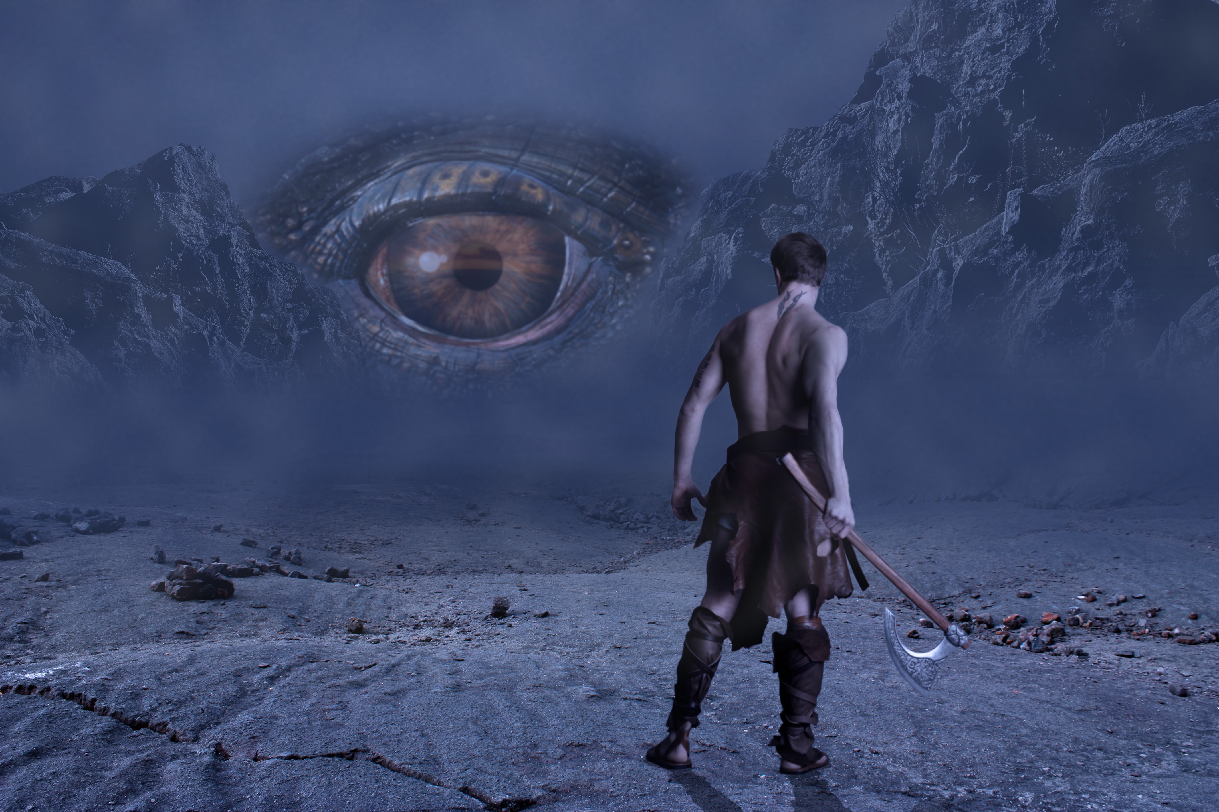 Warrior facing a giant eye in a misty landscape HD Wallpaper