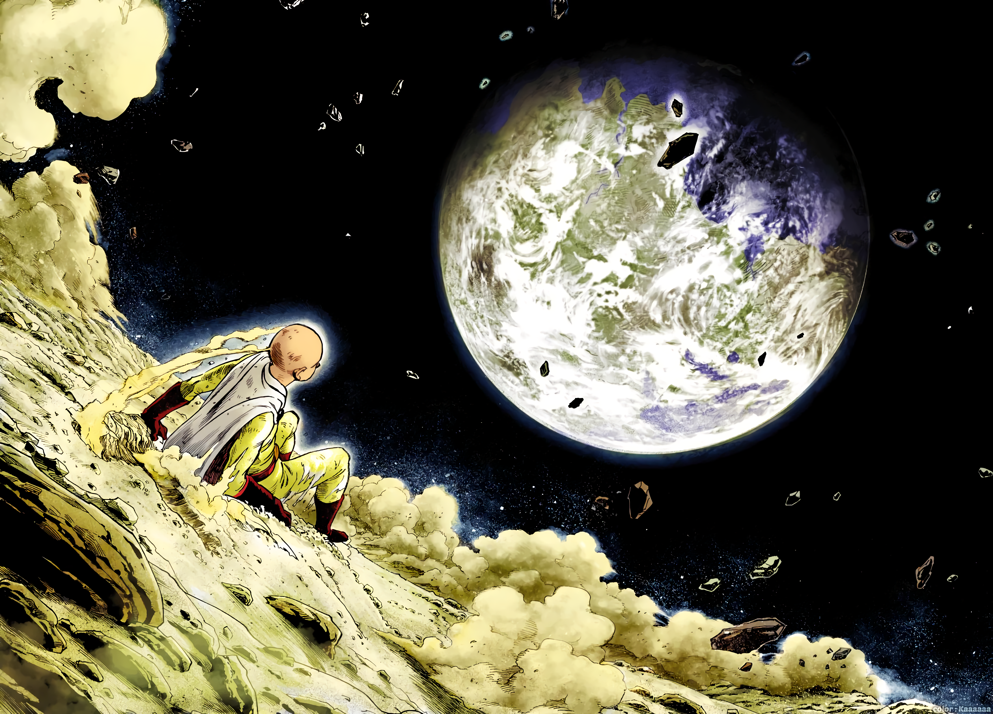 Saitama from One-Punch Man in space looking at a planet HD Wallpaper