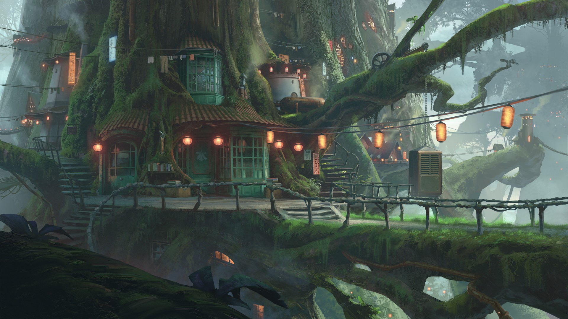 Fantasy tree city with lanterns and houses HD Wallpaper