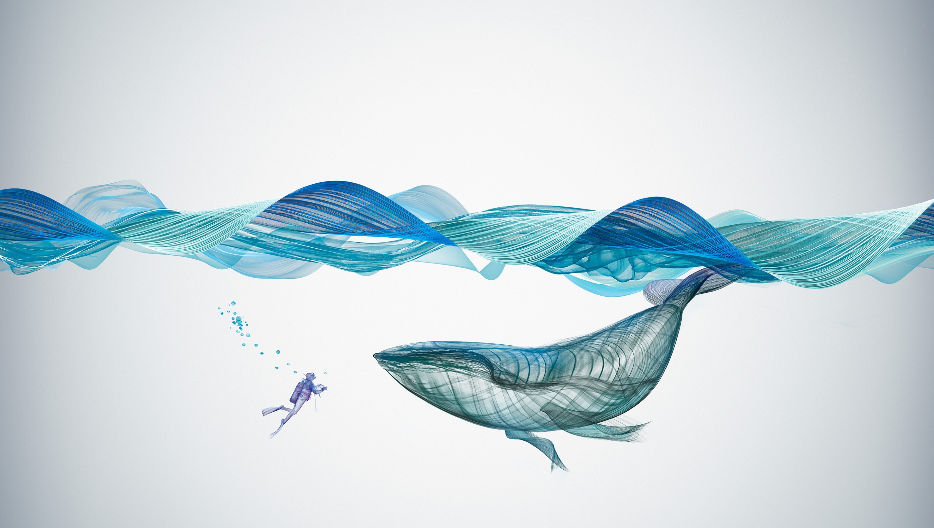 Abstract whale and diver with blue waves HD Wallpaper