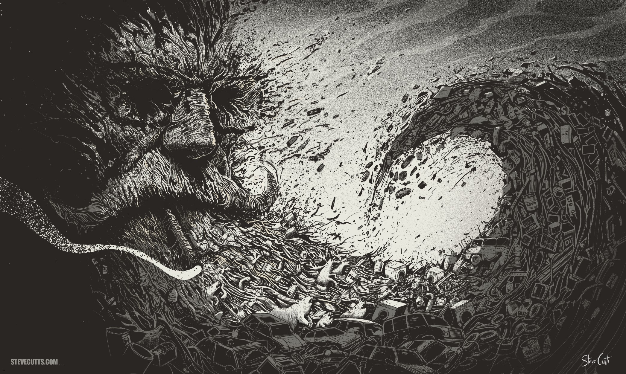 Monochrome surreal artwork of a wave of trash HD Wallpaper