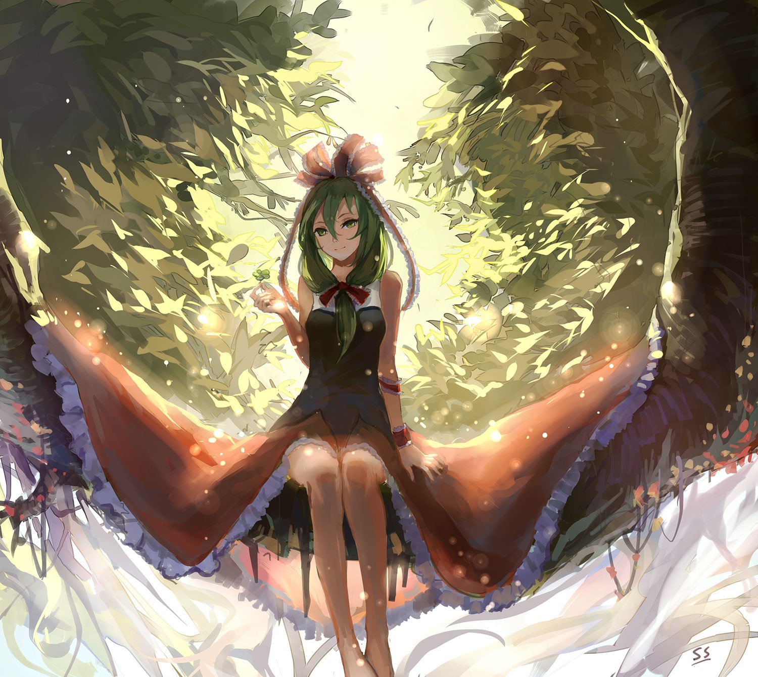 Anime girl with green hair sitting in nature HD Wallpaper