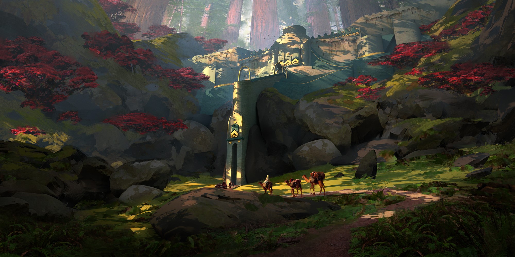 Fantasy landscape with ancient ruins and travelers HD Wallpaper