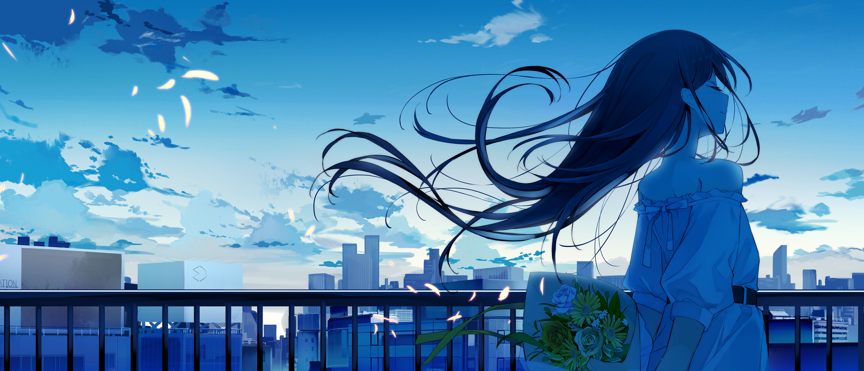 Anime girl with long hair holding flowers on a balcony overlooking cityscape HD Wallpaper