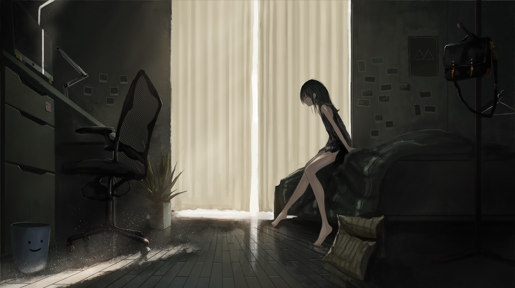 Anime girl sitting on a bed in a dimly lit room HD Wallpaper