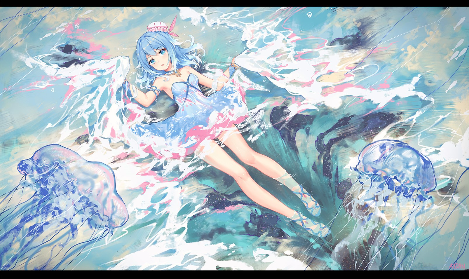 Anime girl with blue hair and jellyfish in water HD Wallpaper