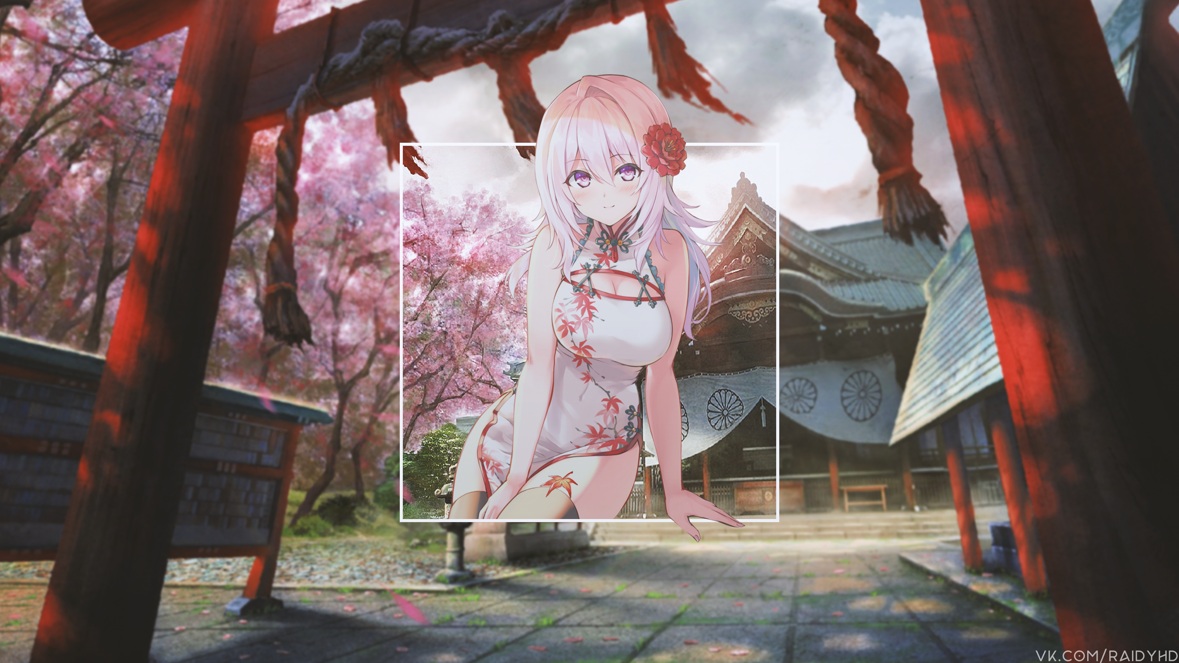 Anime girl in a white dress with flowers HD Wallpaper