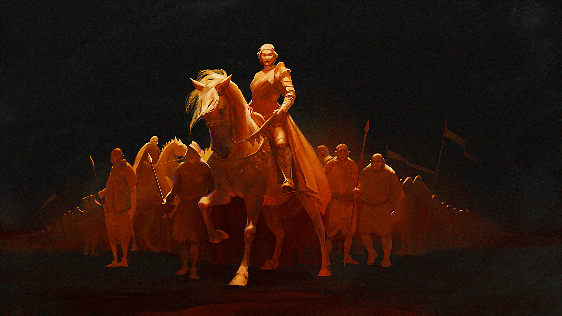 Woman in armor on horseback leading an army HD Wallpaper