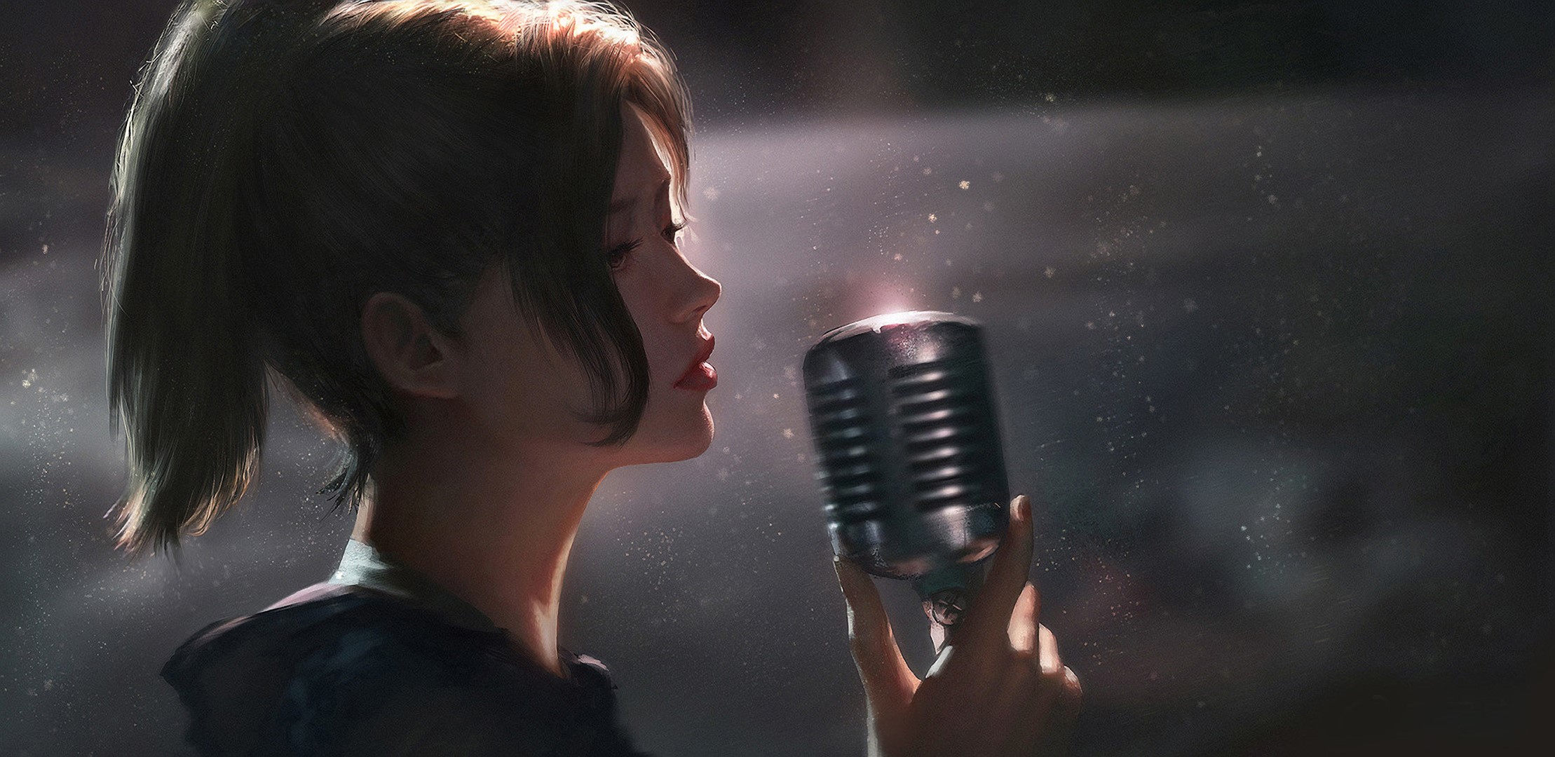 Woman singing into a vintage microphone HD Wallpaper